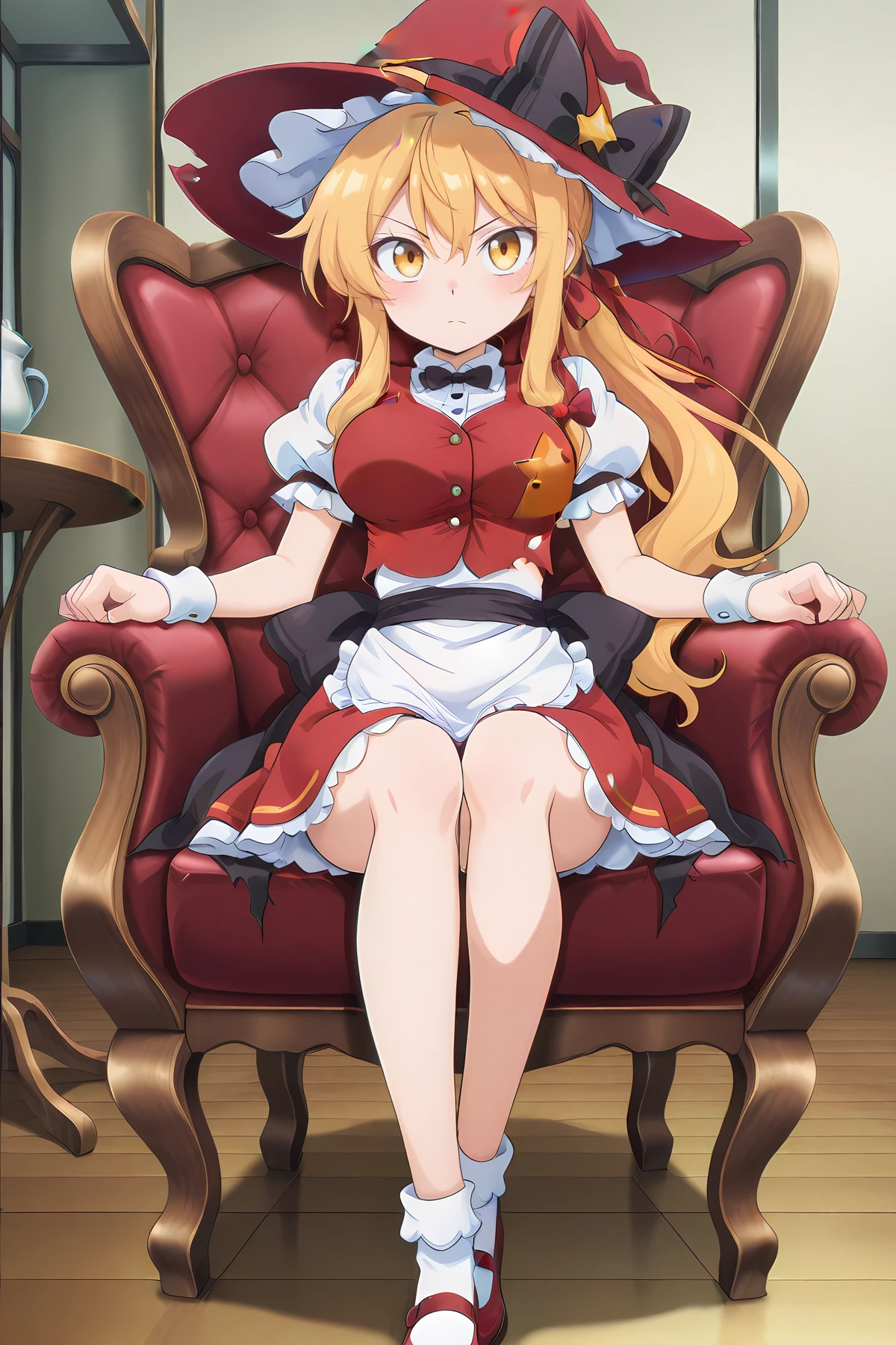 absurdres, highres, masterpiece, best quality, amazing quality, official anime artwork, screencap, (anime screencap:3),
<lora:Marisa-Kirisame-CZ1_Illustrious:0.8> MarisaCZ1, 1girl, solo, ahoge, blonde hair, yellow eyes, side cutout, sidelocks, ponytail, long hair, skinny, medium large breasts,,
<lora:Marisa-Kirisame_illustrious:1> hair ribbon, red ribbon, witch hat, red hat, black bow, hat bow, white shirt, short sleeves, puffy sleeves, red vest, torn vest, buttons, white wrist cuffs, waist apron, red skirt, socks, red mary janes,
living room, looking at viewer, serious, chair, table, sitting,