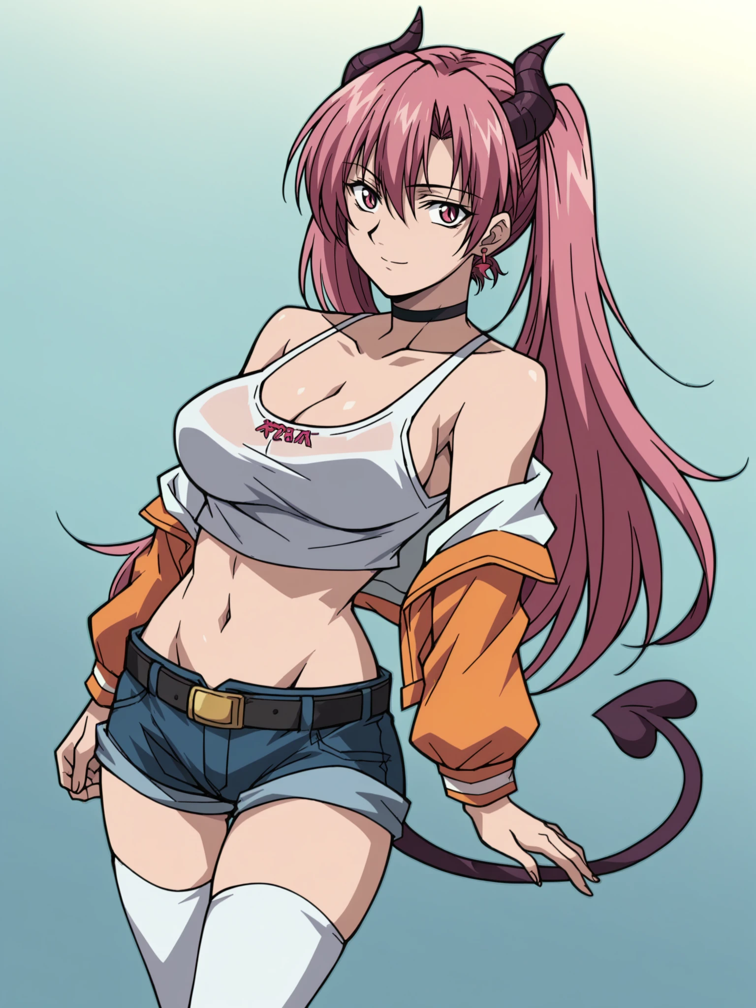 score_9, score_8_up, score_7_up, score_6_up, score_5_up,
1girl, solo, breasts, tail, pink_hair, horns, demon_tail, shorts, jacket, twintails, large_breasts, smile, looking_at_viewer, long_hair, navel, choker, black_background, pink_eyes, short_shorts, belt, demon_girl, pink_jacket, demon_horns, simple_background, tank_top, open_jacket, cleavage, black_shorts, open_clothes, thighhighs, off_shoulder, bare_shoulders, closed_mouth, head_tilt, hair_between_eyes, cowboy_shot, jewelry, micro_shorts, collarbone, black_choker, white_thighhighs, crop_top, bangs, earrings, clothes_writing, shirt, midriff, standing, see-through, contrapposto, long_sleeves,
 <lora:Ranma_One_Half:1>