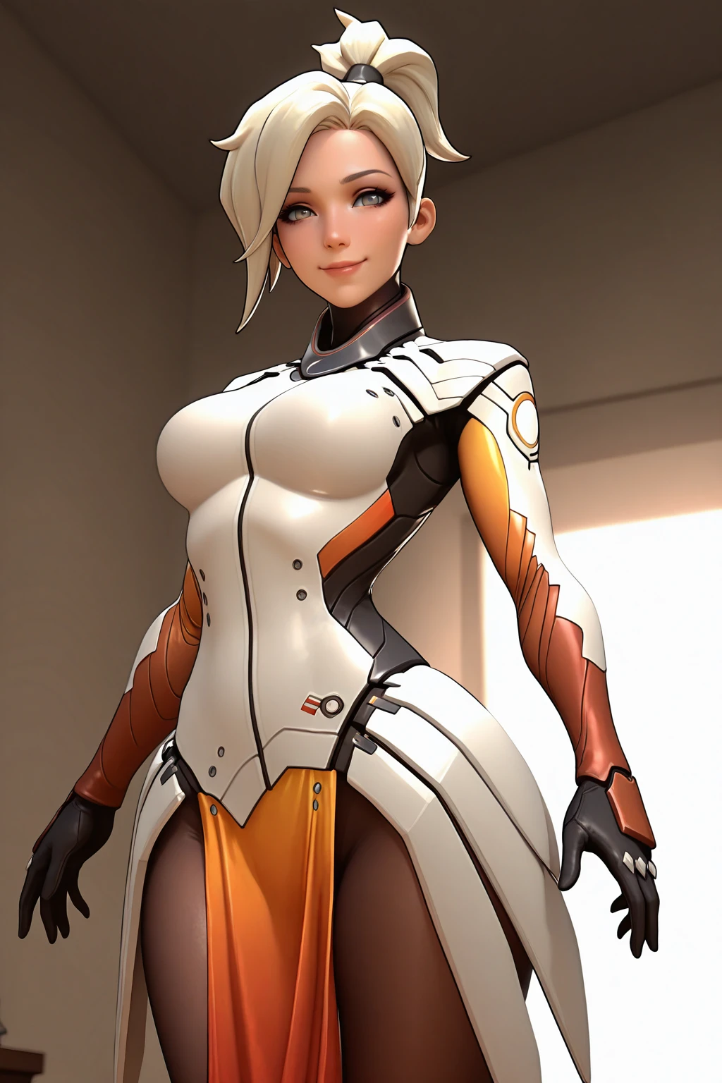 masterpiece, good quality, best quality, very awa, very as2, absurdres, highres
<lora:justMrcyilluLora:1>mrcy, short hair, high ponytail, bodysuit, gloves, high collar, pelvic curtain, armor, pantyhose, faulds, 3d, smile