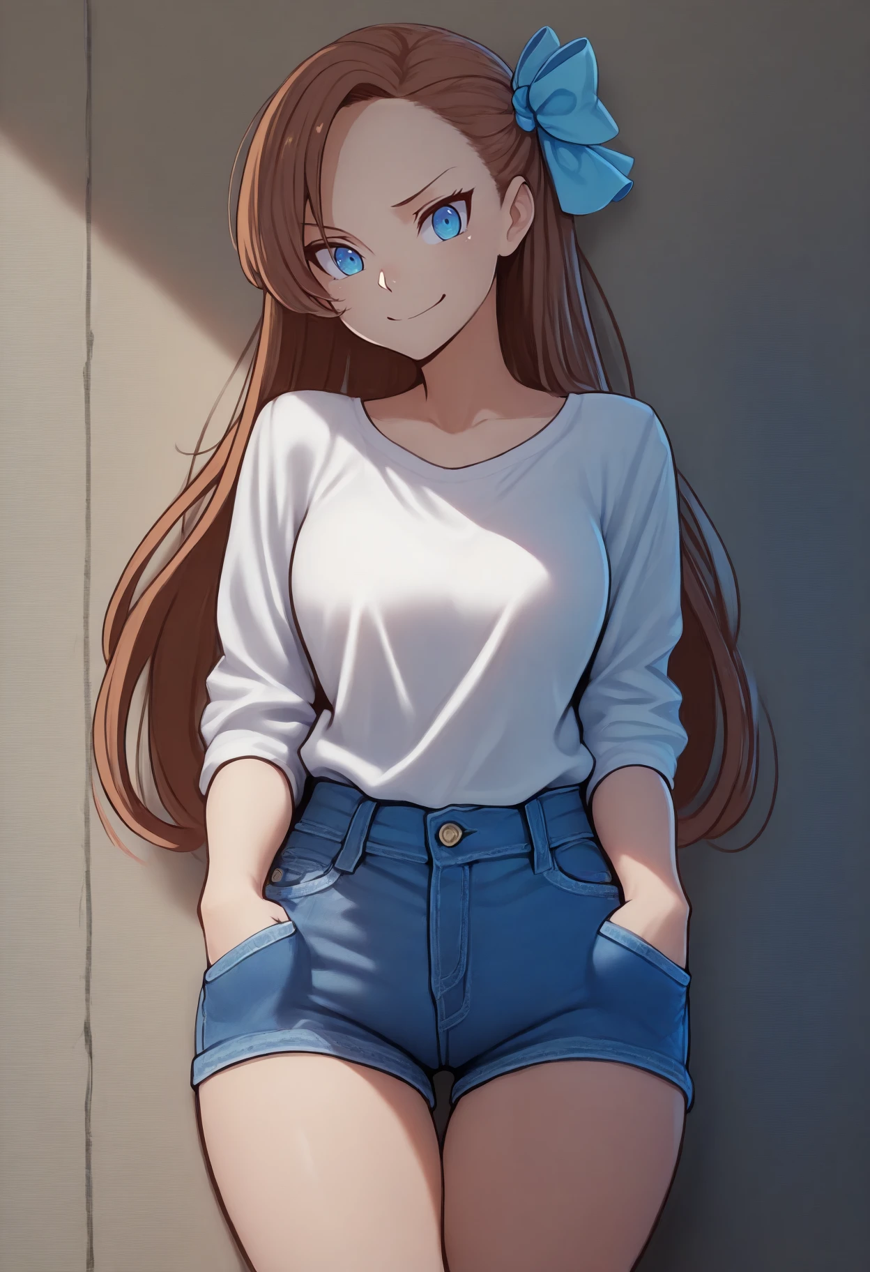masterpiece, best quality, 1girl, solo, KatarinaClaes, blue eyes, brown hair, long hair, asymmetrical bangs, hair bow, blue bow, white shirt, denim shorts, thigh gap, leaning back, against wall, looking at viewer, smile, hands in pockets, <lora:ChamKatarinaClaesIllustriousXL:1>