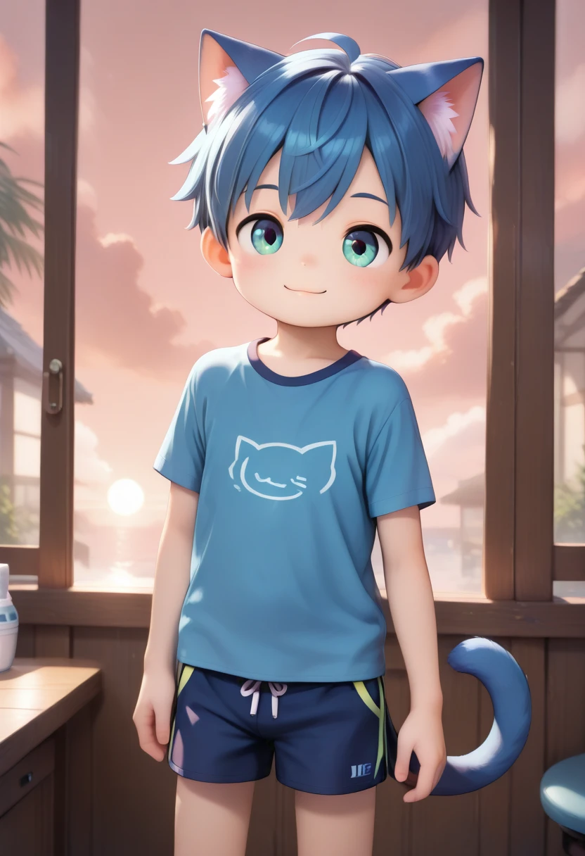 <lora:cutifiedanimecharacterdesign_variant_type_G_IL_v10:1>
1boy, type-g, cat boy, blue hair, loved face expression, outdoor, inside, window, shirt, shorts, sunset, red sky, tail,