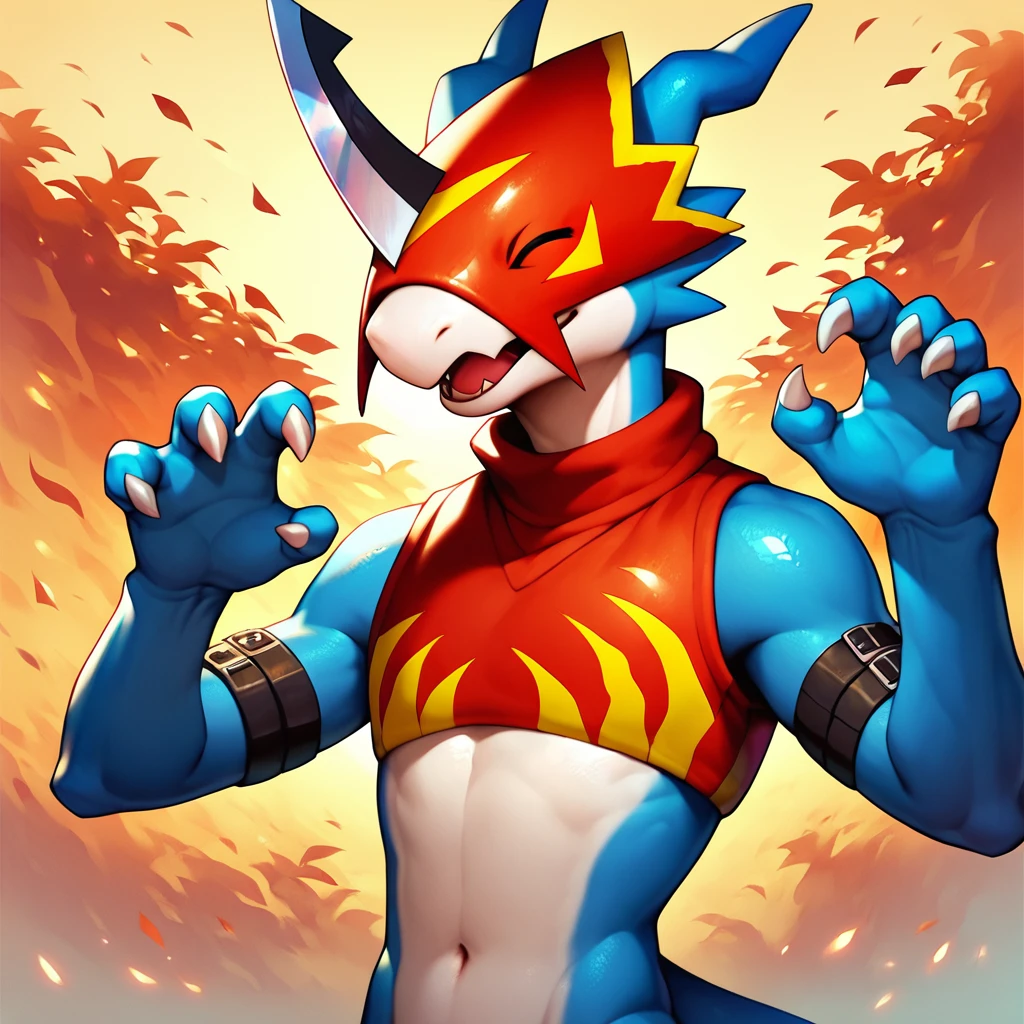 <lora:flamedramon_full:1> flamedramon, furry, blue skin, mask, arm belt, crop top, score_6_up, score_7_up, score_8, score_9, solo, 1boy, detailed background, outdoors, upper body, happy, closed eyes, claw pose,
