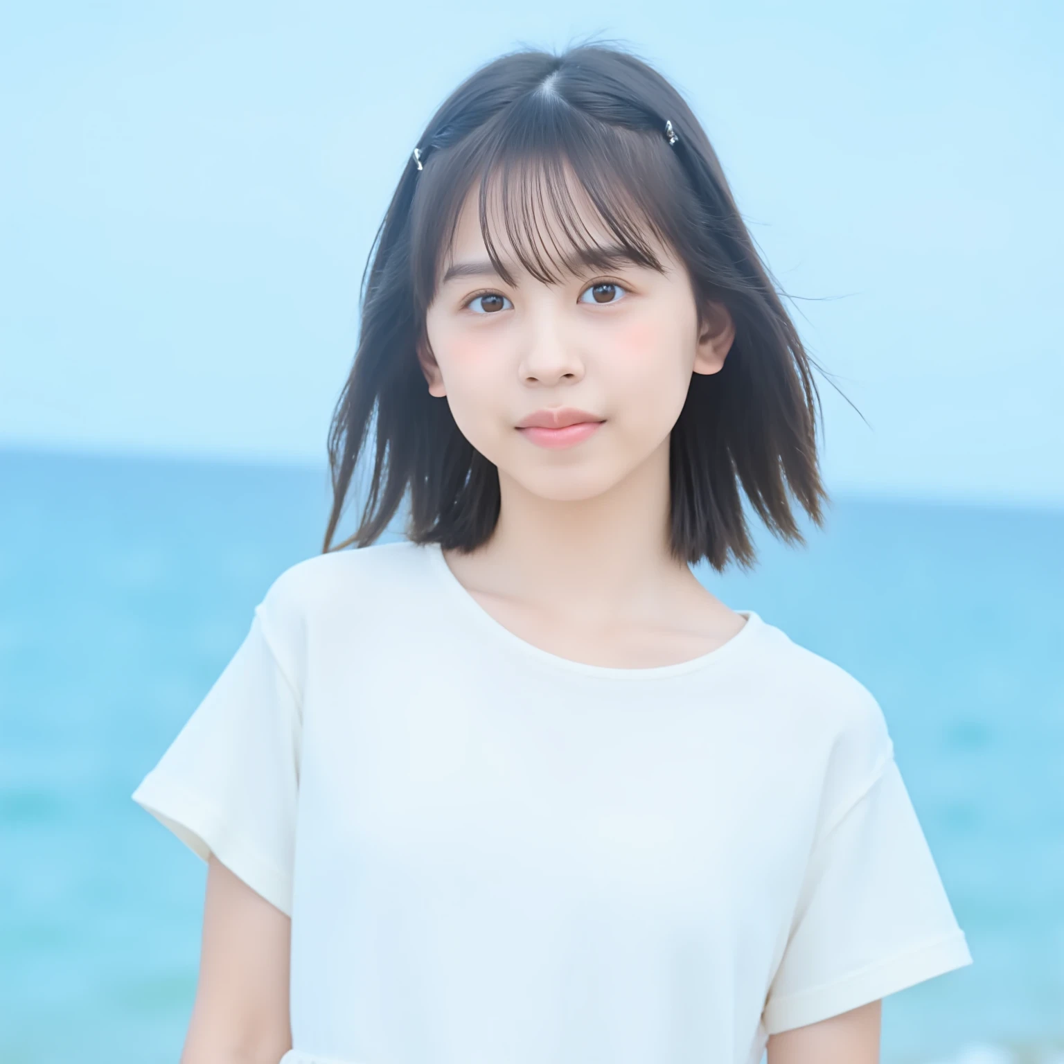 Beautiful girl wearing a summer dress、thin summer cardigan、ar old、japanes、Sunset sea from the ship deck、No bulge in the chest、Wistful expression、Wheat-colored The skin、heavy wind、Black hair short bob with bangs、Luxury liner、少し日焼けしたThe skin、Black、the setting sun、