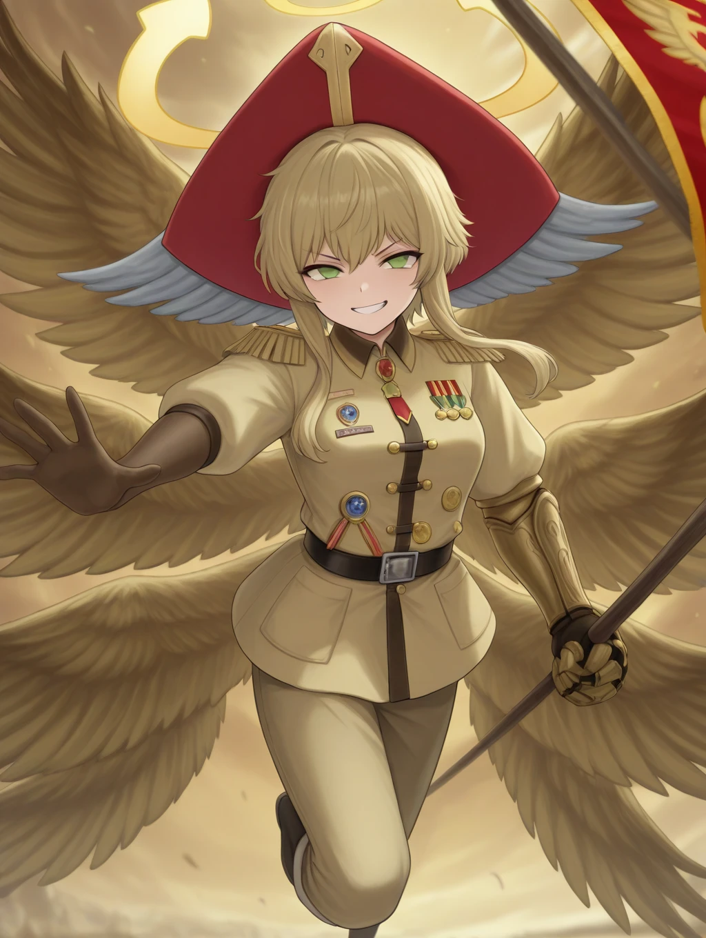 cute, small, short, flat, masterpiece, detailed, high quality, absurdres, Tanya Degurechaff, 1girl, solo, evil grin, curvy, military, military uniform, pussy peak, no panties
