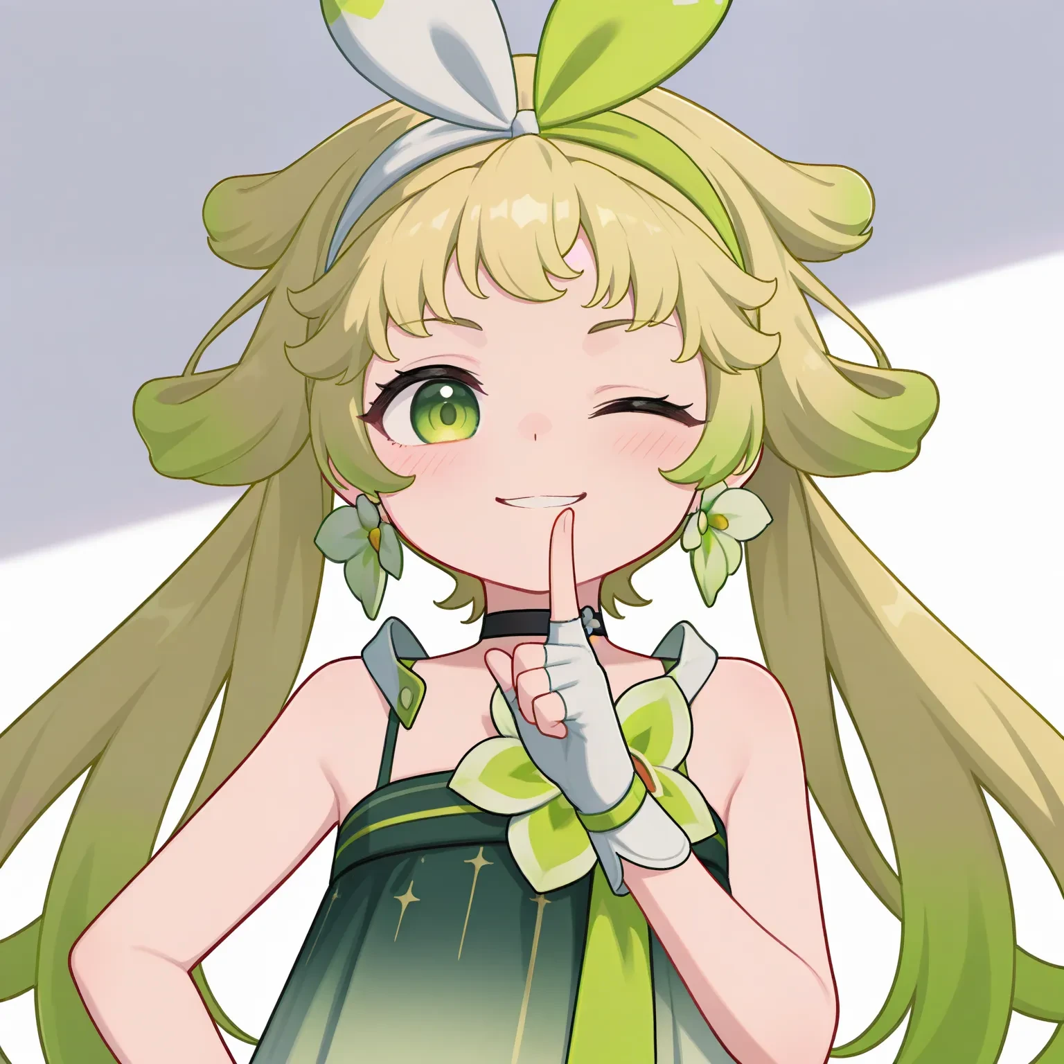 masterpiece, best quality, absurdres, high quality, straight-on, upper body, one eye closed, smirk, index finger raised, shushing, cross background,
<lora:verina:0.9> aged down, blonde hair, twintails, hair rings, gradient hair, green hair, bow hairband, green eyes, flower earrings, black choker, green dress, sleeveless dress, gradient dress, white gloves, fingerless gloves,