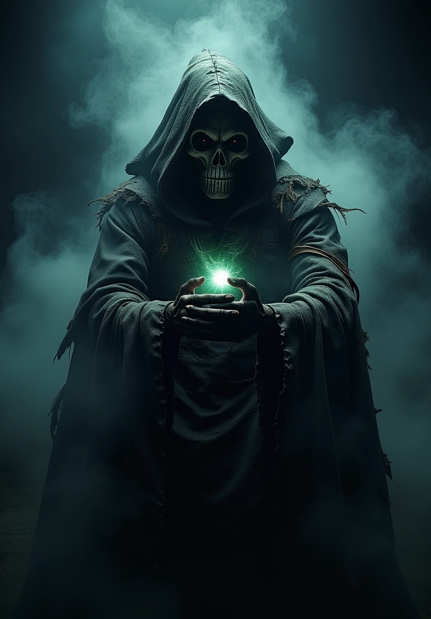 zenthros. This is a dramatic, CGI-generated image depicting a powerful, mystical scene steeped in void-like darkness. The central figure is an imposing, hooded entity, draped in a tattered cloak that billows eerily around them, as if alive with the essence of shadow itself. Their face remains obscured by the deep shadows of the hood, enhancing the enigmatic and ominous atmosphere. As they stand with arms raised and hands open, a swirling mass of void energy radiates from their fingertips, distorting the surrounding darkness and hinting at their immense control over the chaotic forces of the abyss that swirl around them, pulling in light and matter alike.