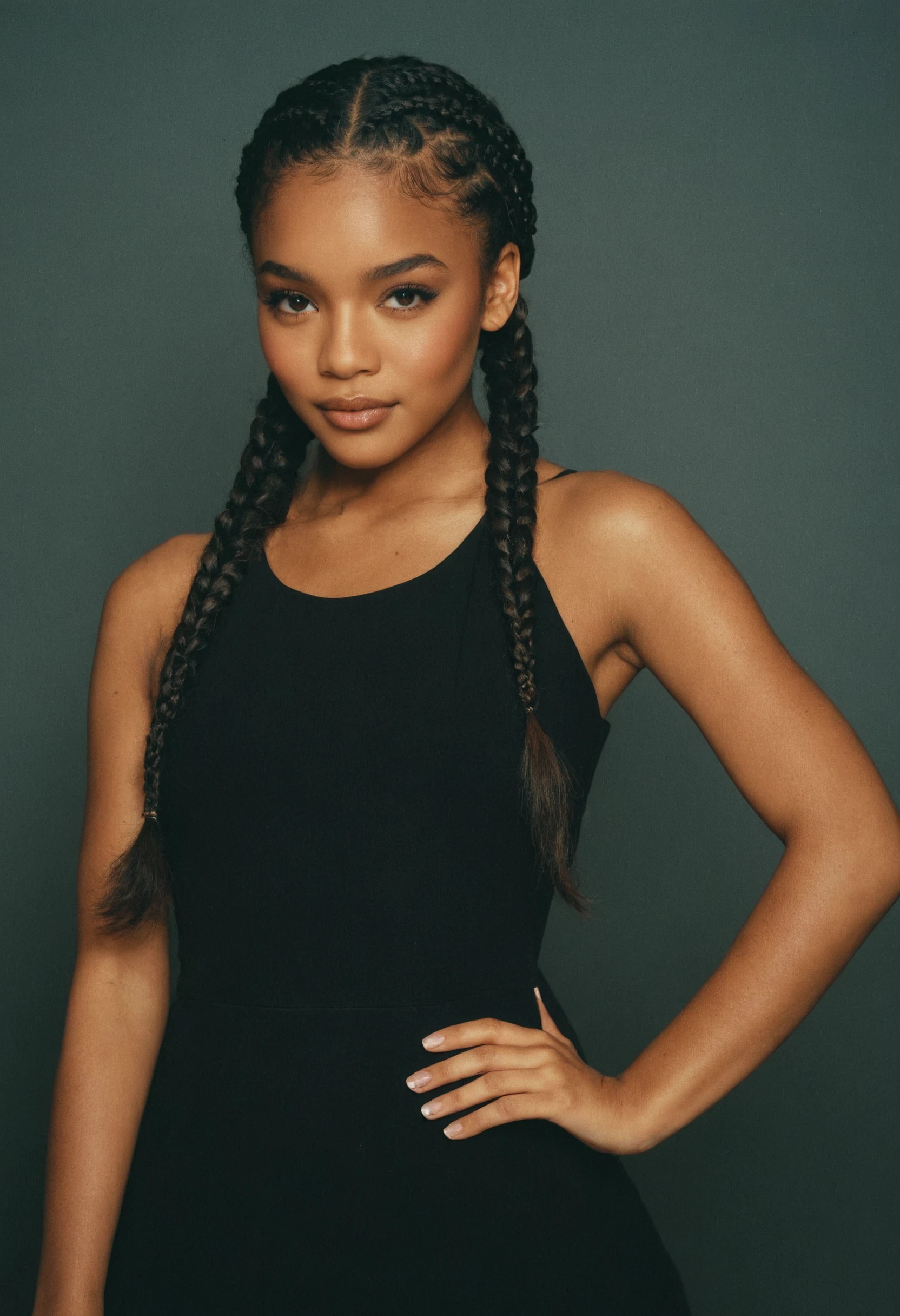 <lora:epiCRealismXL-KiSSEnhancer_Lora:1>,china_dress,<lora:hand 5.5:1>,, (Height, Approximately 5 feet 2 inches (157 cm), giving her a petite and youthful stature:1), (Build, Slim and proportionate, with a natural, healthy figure that complements her age and personality:1), (Hair, Dark brown or black hair, often styled in versatile ways such as braids, curls, or sleek straight looks. She frequently experiments with fashionable hairstyles that highlight her modern, trendsetting vibe:1), (Eyes, Large, dark brown eyes that are warm and expressive, reflecting her playful, intelligent, and confident demeanor:1), (Skin, Smooth, rich brown complexion with a radiant and glowing appearance, showcasing her natural beauty:1), <lora:n1ybwMMdat:0.89>,n1ybwMMdat,, photo of prompt . with an image filled with deep darks in the style of an analog film grain, background with flowers, amazing natural lighting, brilliant composition