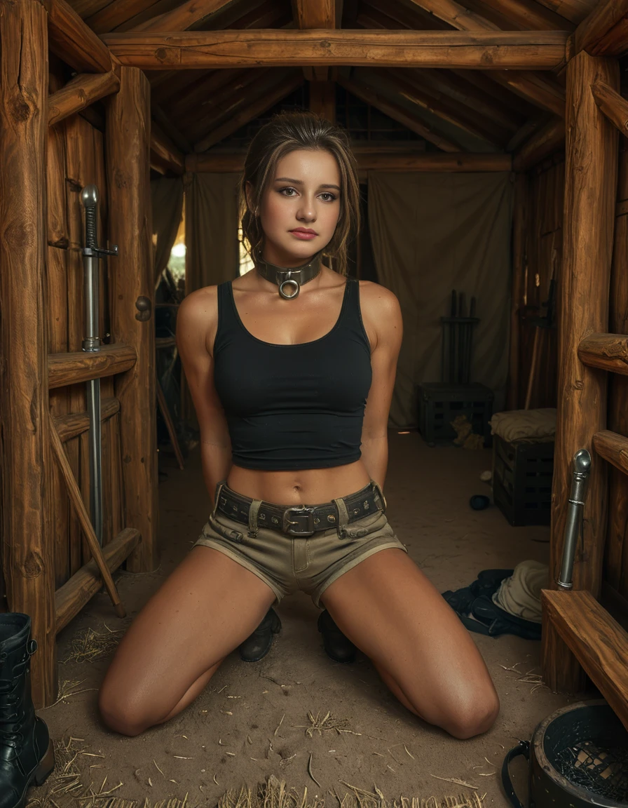 (((nsfw:1.5))),(((nude:1.6)))(((1 person:2.0))),(((naked:1.2))),(((Wear a western belt holster:1.2))),((Wear a metal watch on your wrist:1.2))),(((Showing cleavage))),(((Exposed thin inner thighs))),(((Small breasts:1.5))),(((Naked arms))),(((Her hair is brown))),((Blushed face:1.2)), Beautiful detailed girl, Very detailed目と顔, Detailed and beautiful eyes, Very detailed, High resolution, highest quality, masterpiece, Very detailed, 8k wallpaper, wonderful, finely, highest quality, The light shines on your face,,(Underground Barn),Beautiful Eyes,((crying:1.2)),,Above the knee shot,((Are standing:1.2))