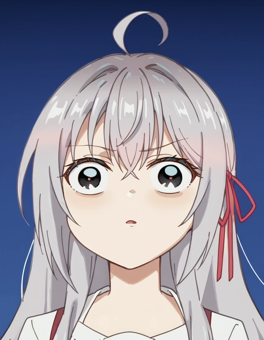 score_9, score_8_up, score_7_up, source_anime, <lora:alisa-mikhailovna-kujou-s1-ponyxl-lora-nochekaiser:1>, alisa mikhailovna kujou, long hair, bangs, hair ribbon, ahoge, grey hair, red ribbon, large breasts, anime screencap, <lora:terrified-noot-noot-ponyxl-lora-nochekaiser:1>, terrified noot noot, looking at viewer, blue background, gradient background, black eyes, gradient, straight-on,, ,