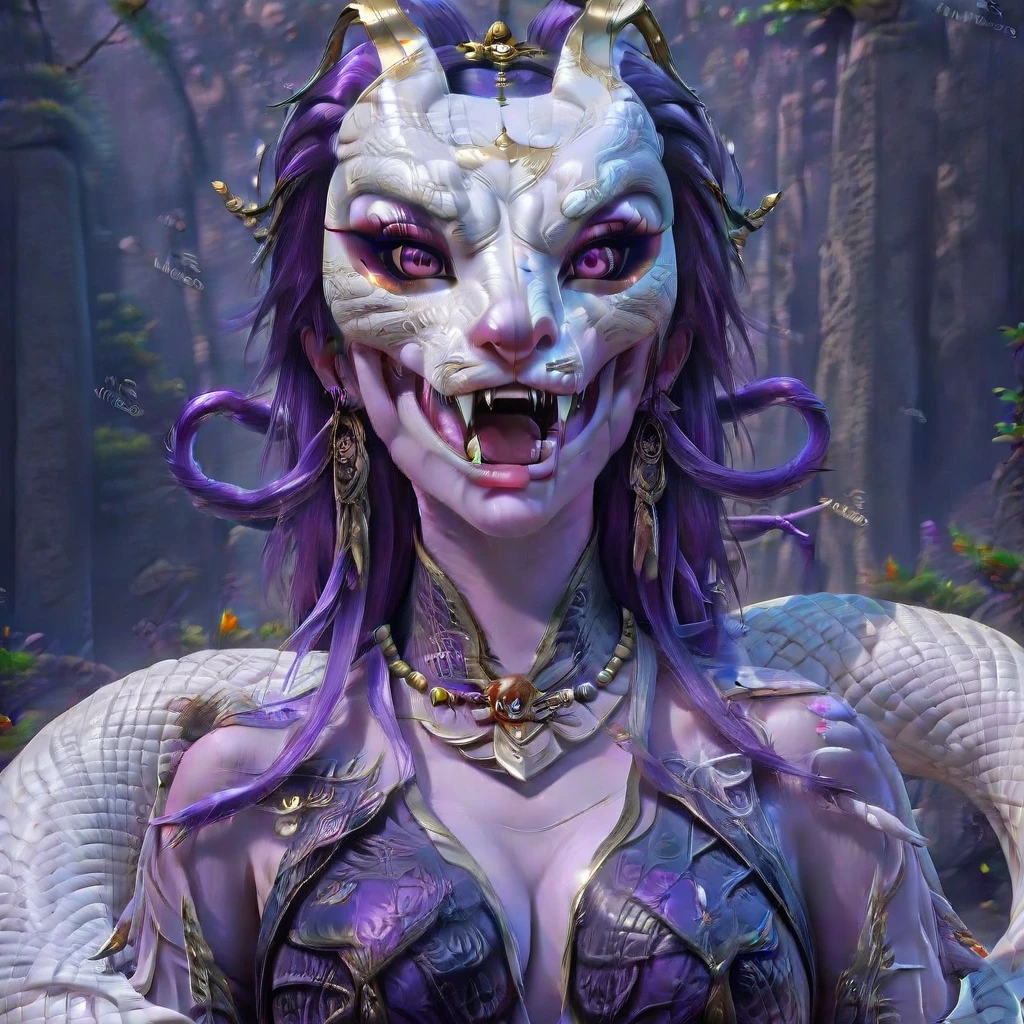 snek, The image is a highly detailed, realistic CGI rendering of a character with an otherworldly appearance. The subject is a person, likely female, with an intricate, ornate headdress adorned with gold and purple beads, intricate patterns, and what appears to be a stylized, ornamental snake mask. The mask is a striking, grotesque design featuring sharp, elongated teeth that are white and sharp with fangs, resembling those of a predatory animal. The snake mask covers the face, with intricate, swirling, white patterns painted on the skin beneath, giving it a skeletal, ethereal appearance. The eyes are piercing, golden color, enhanced with thick, dark eyeliner and a subtle, smoky eyeshadow effect.