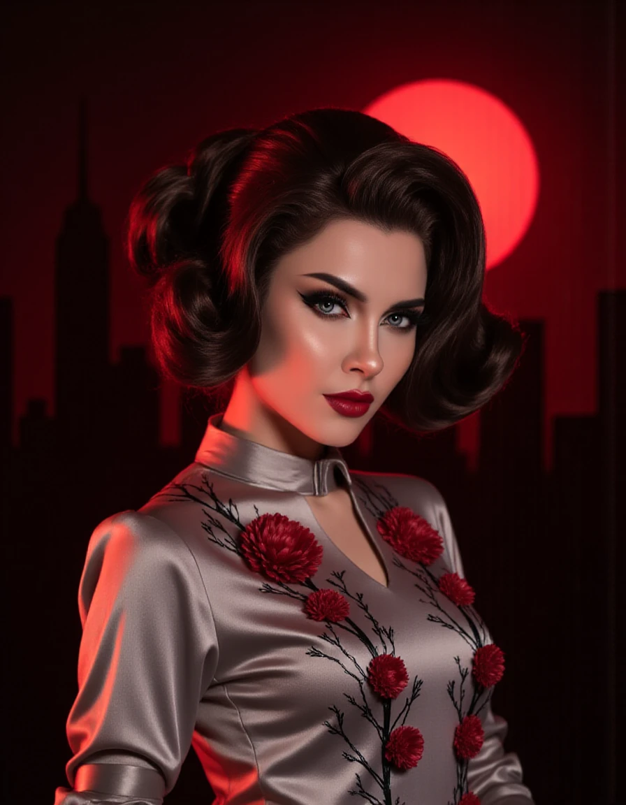 <lora:Ilona_Bugaeva_Sladkoslava-000018:1>, noir comic style with grey with red accents hues, portrait of a beautiful woman wearing a blouse decorated with red tree-like flowers, hair bun, at night with red moon in background, black cityline, <lora:lnrnr_flux_EliPot:1>