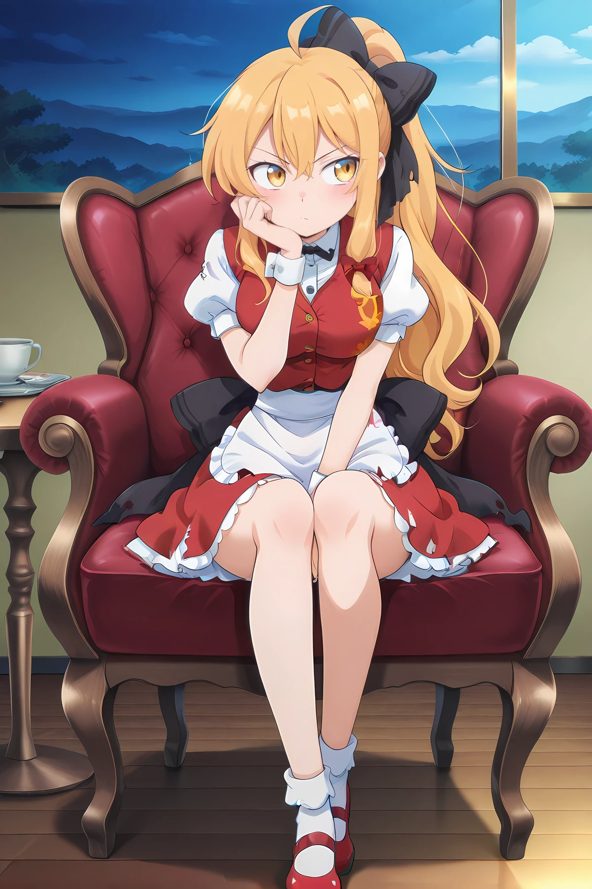 absurdres, highres, masterpiece, best quality, amazing quality, official anime artwork, screencap, (anime screencap:3),
<lora:Marisa-Kirisame-CZ1_Illustrious:0.8> MarisaCZ1, 1girl, solo, ahoge, blonde hair, yellow eyes, side cutout, sidelocks, ponytail, long hair, skinny, medium large breasts,,
<lora:Marisa-Kirisame_illustrious:1> hair ribbon, black ribbon, black bow, white shirt, short sleeves, puffy sleeves, red vest, torn vest, buttons, white wrist cuffs, waist apron, red skirt, socks, red mary janes,
living room, looking away, serious, chair, table, sitting, hand on cheek,