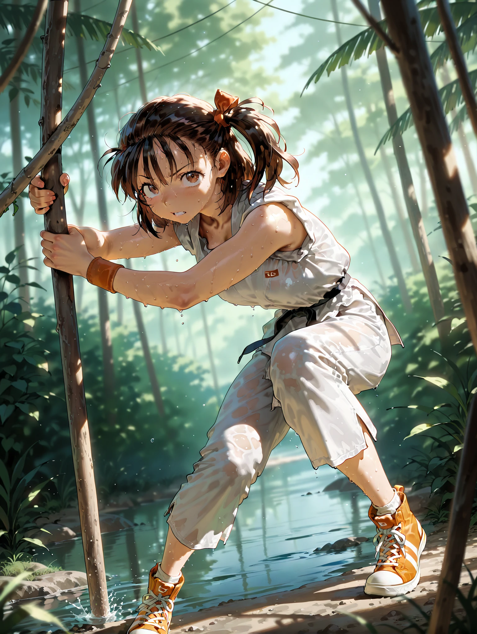 Anime girl in a forest with a sword and a river - SeaArt AI