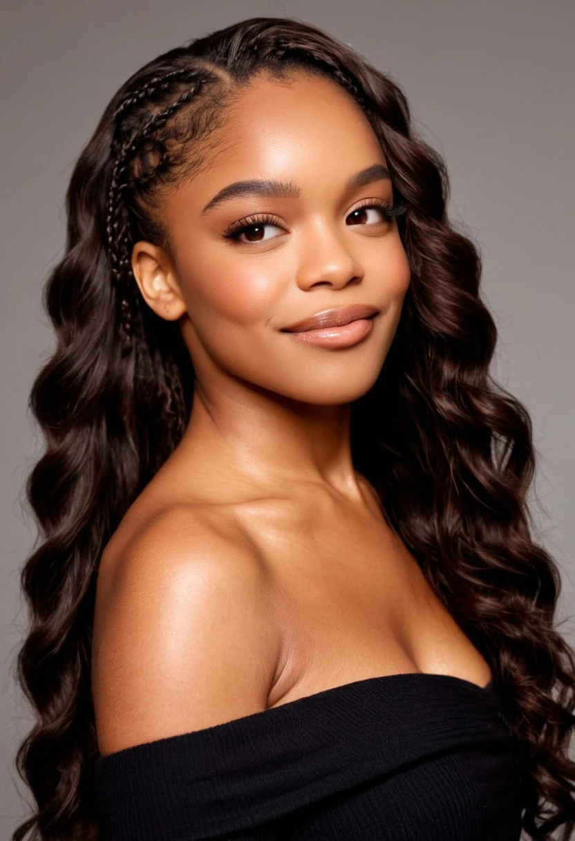 beautiful lady,hyperdetailed photography,soft light,head and shoulders portrait,cover,, (Height, Approximately 5 feet 2 inches (157 cm), giving her a petite and youthful stature:1), (Build, Slim and proportionate, with a natural, healthy figure that complements her age and personality:1), (Hair, Dark brown or black hair, often styled in versatile ways such as braids, curls, or sleek straight looks. She frequently experiments with fashionable hairstyles that highlight her modern, trendsetting vibe:1), (Eyes, Large, dark brown eyes that are warm and expressive, reflecting her playful, intelligent, and confident demeanor:1), (Skin, Smooth, rich brown complexion with a radiant and glowing appearance, showcasing her natural beauty:1), <lora:n1ybwMMdat:0.89>,n1ybwMMdat,