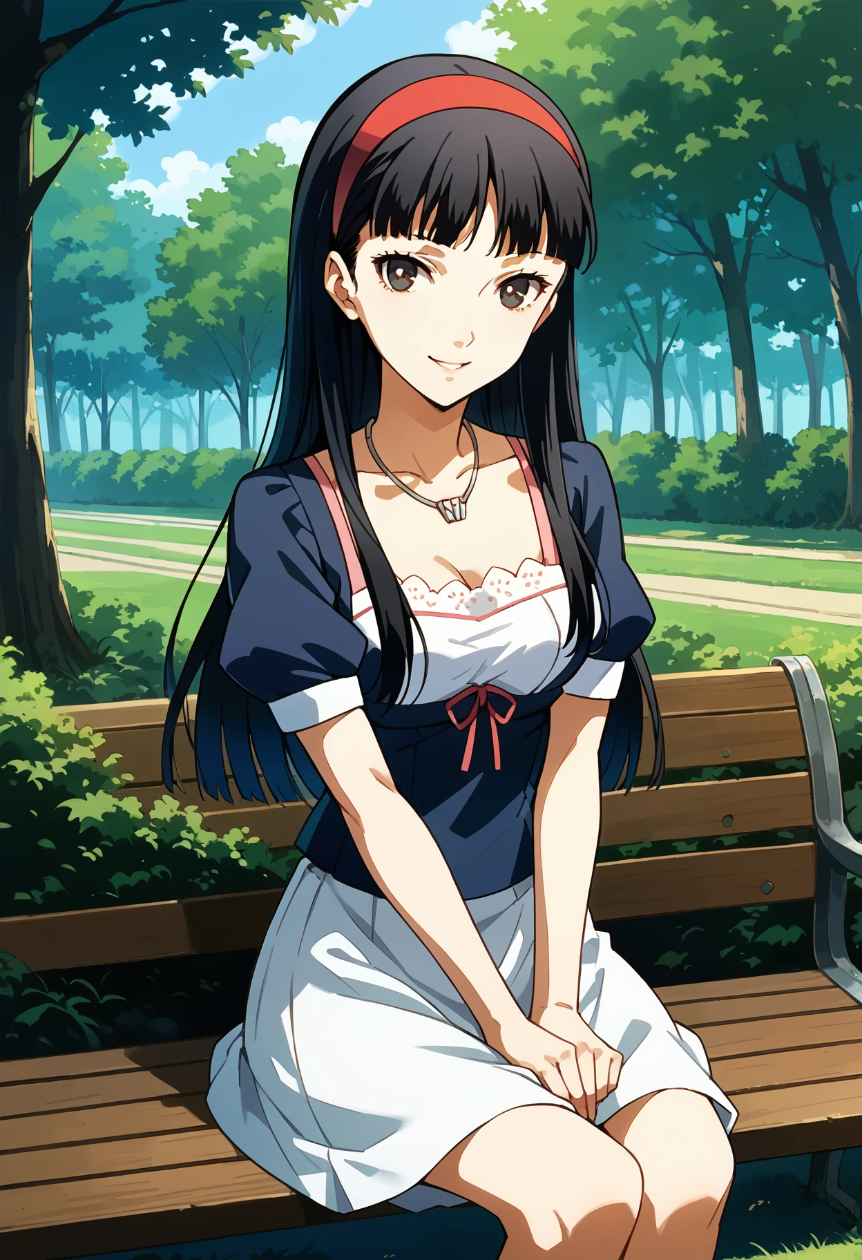 score_9, score_8_up, source_anime
1 girl, solo, cute face,
p4yukiko, amagi yukiko, long hair, black hair, bangs, hairband,
p4yukiko-sumcas, necklace, shirt, blue shirt, white camisole, puffy sleeves, short sleeves, skirt, white skirt, long skirt,
outdoors, park, trees, sitting, bench, looking at viewer, smile,
masterpiece, best quality, ultra detailed,