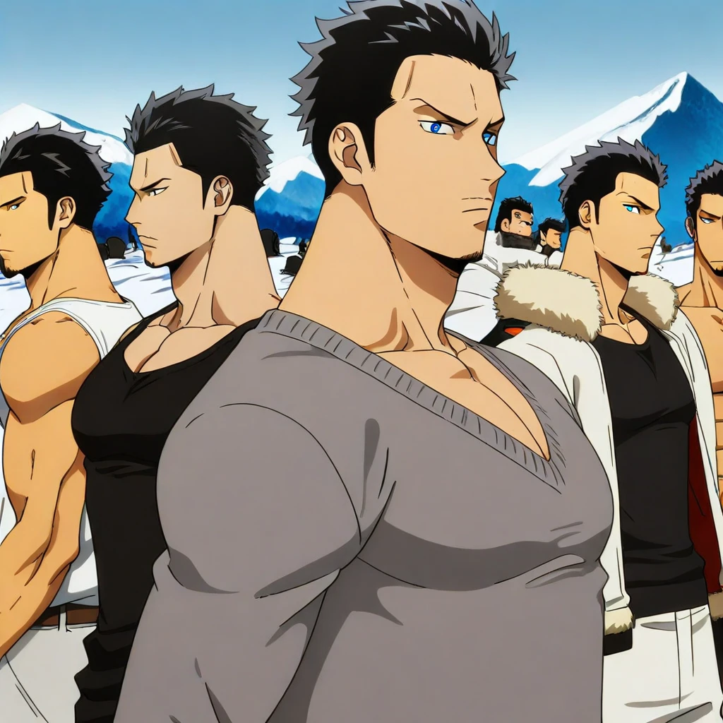 jacket, lightblue eyes, snow, close-up, black shirt, mountain, bara, pectorals, 6+boys, fur trim, sideburns, black hair, topless male, suit, grey sweater, 1boy, male focus, pectoral cleavage, white pants, white tank top, sky, shirt