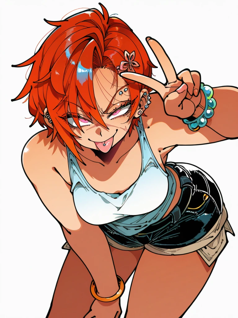 KafunXLP,,
1girl, very cute face, tomboy, tank top, shorts, piercing, bracelet, scar on face, front, leaning forward, v, evil smile, tongue out, piercing, looking at viewer, white background, dynamic pose, cowboy shot, hair ornament,
<lora:KafunXLP_style-12:1>