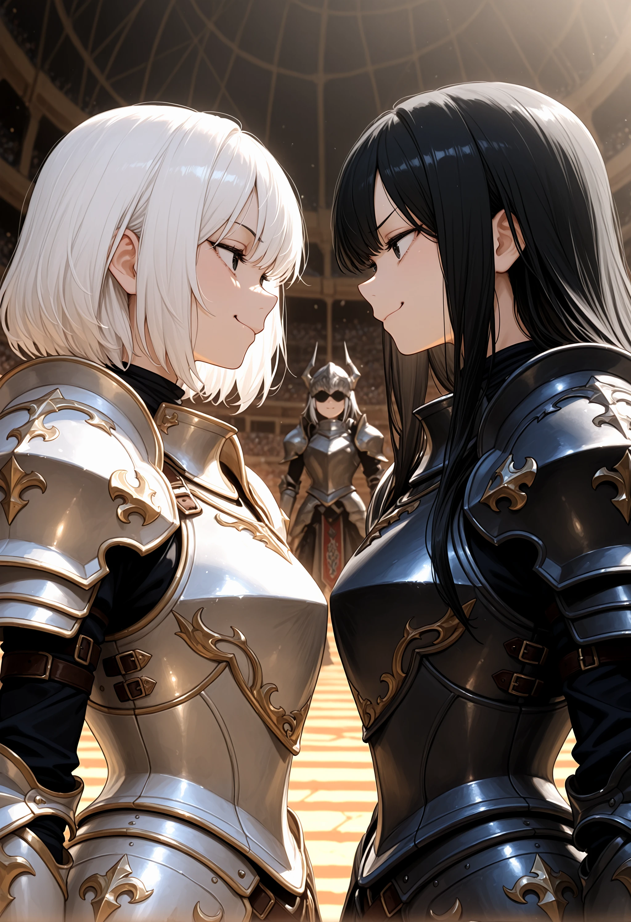 2girls, upper body shot, staring contest, smug, white hair, black hair, armor, arena background, incredibly absurdres, highres, masterpiece, newest