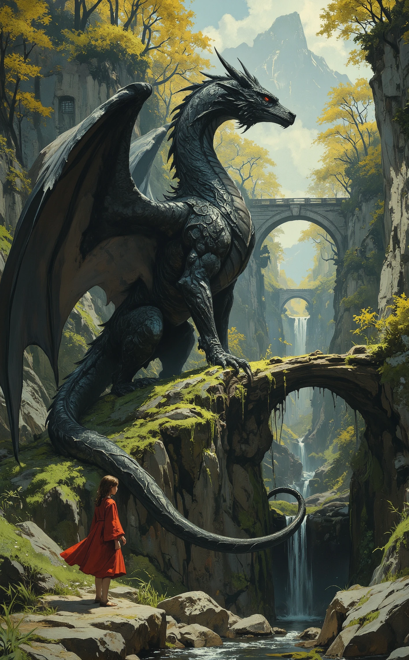 fantasy, painting, illustration, detailed, Off-center composition, half-body shot, The image is a digital painting of a mystical scene. It shows a large black dragon with its wings spread wide, standing on a rocky cliff. The dragon's body is covered in intricate patterns and designs, and its tail is curled around its body. The cliff is covered with green moss and rocks, and there is a small stream running through it. In the background, there are tall trees with yellow leaves, and a stone bridge can be seen in the distance. A young girl in a red dress is standing on the edge of the cliff, looking up at the dragon. The overall mood of the image is peaceful and serene., dark and dim light, ethereal fantasy concept art of cinematic film still art by KÅji Morimoto, Animation, art by Joe Petagno, -artistmedium-, , Album cover art, heavy metal, dystopian themes, iconic, Anime, surreal, experimental, abstract . shallow depth of field, vignette, highly detailed, high budget, bokeh, cinemascope, moody, epic, gorgeous, film grain, grainy . magnificent, celestial, ethereal, painterly, epic, majestic, magical, fantasy art, cover art, dreamy