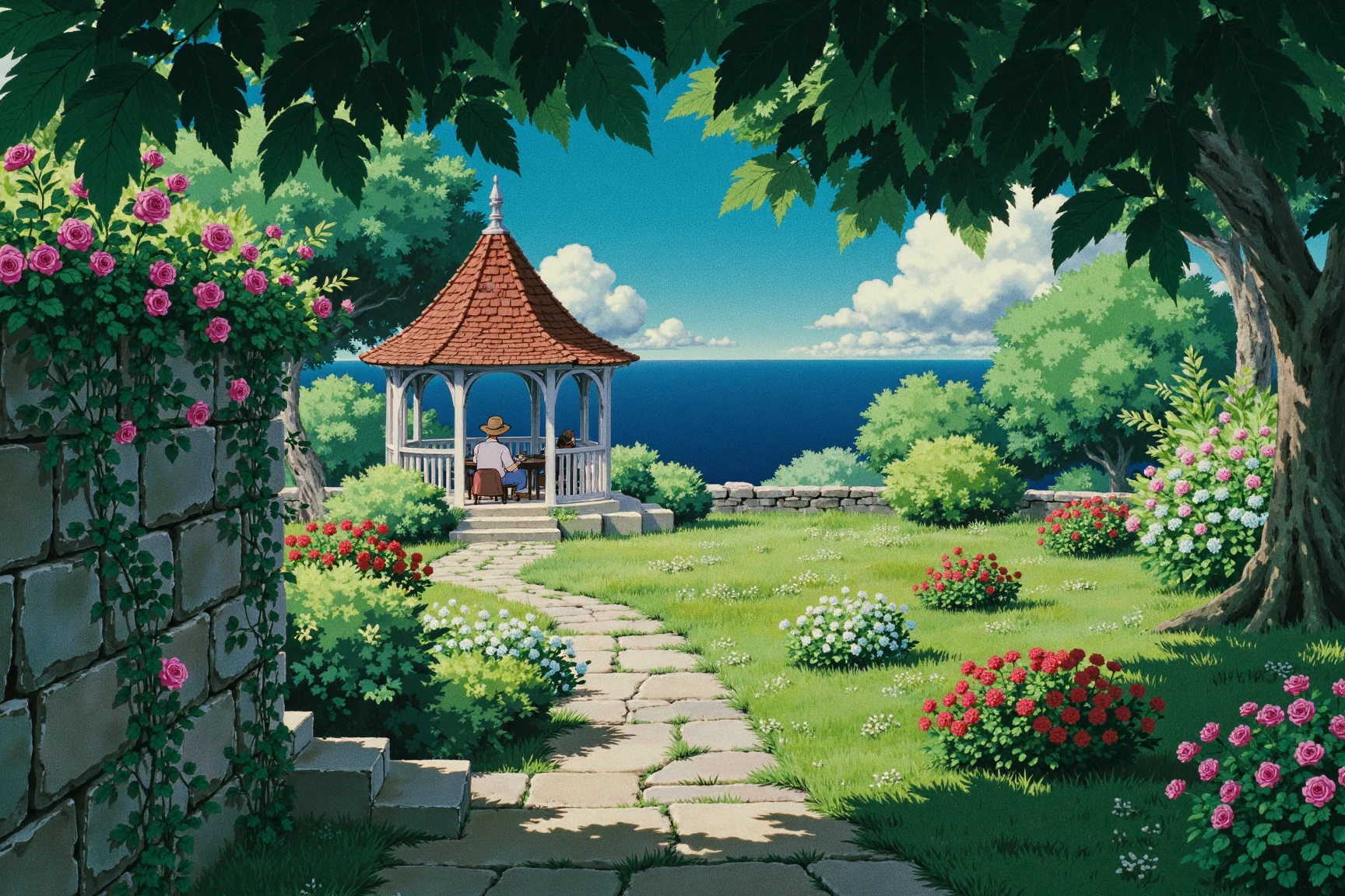 ghibli style image of a lush, overgrown garden leading towards a small, charming gazebo overlooking the ocean. A stone path with steps is partially visible, winding through vibrant green foliage and colorful blooming flowers of pink, white, and red. A stone wall is covered in climbing roses to the left. The person wearing a floppy hat can be seen sitting in the gazebo with his back facing the camera. The leaves of the overhanging trees frame the scene at the top, creating a sense of depth, the ocean can be seen in the distance with a sky dotted with a few clouds.