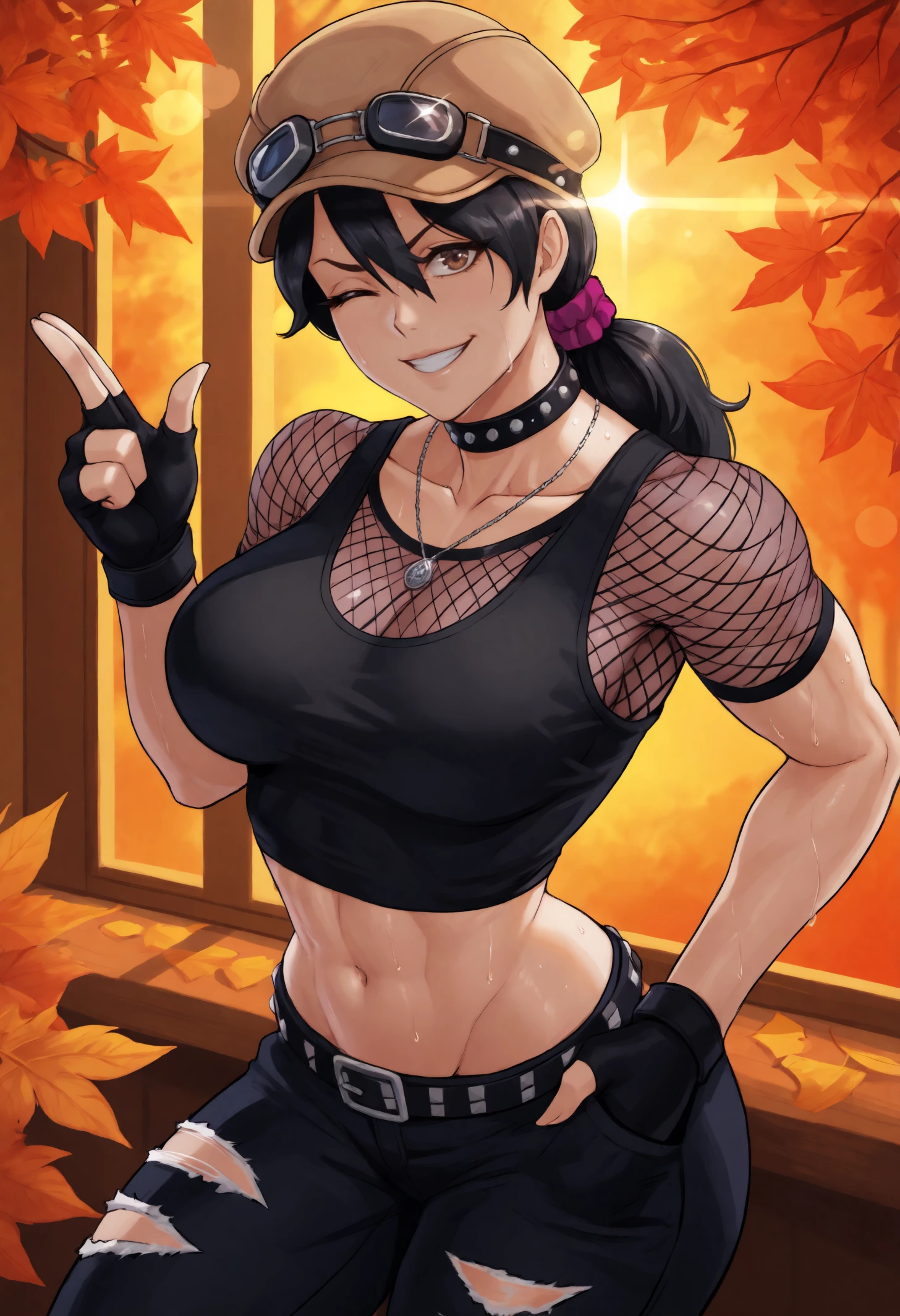 score_9, score_8_up, score_7_up, source_anime , MakizeninSDXL, 1girl, solo,looking at viewer, short hair, bangs, black hair, medium breasts, closed mouth, golden eyes, scar, scar on face, scar on cheek, burn scar, scar on arm, muscular female,black mini cocktail dress, circle glasses, sexy panties, from below, upskirt, smile,thigh window,choker,smile
