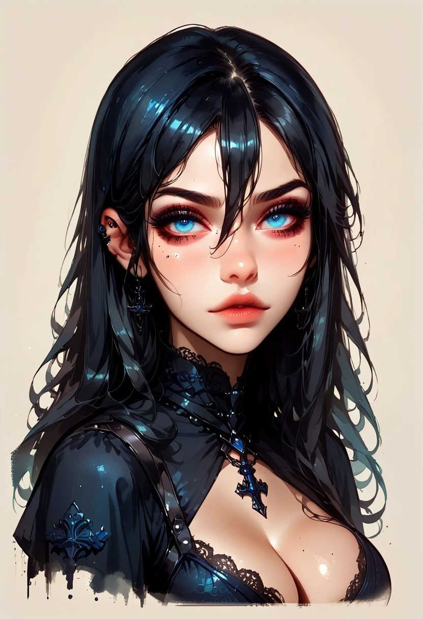 Faded Headshot, faded bottom, faded edges ,score_9,score_8_up,score_7_up,score_6_up,score_5_up,
1girl, (ultra HD quality details), gothic_style, gothic girl, goth girl, black hair, blue eyes, long hair, bobcut, hair between eyes,
gothic dress,
, digital illustration, disney, rule 63, full body, perfect anatomy, perfect face, butt showing esthetically, abstract beauty, beautiful, centered, looking at the camera, approaching perfection, dynamic, moonlight, highly detailed, watercolor painting, artstation, concept art, smooth, sharp focus, illustration,
(upper body:1.2), (close up:1.5), portrait, huge breasts, deep cleavage,