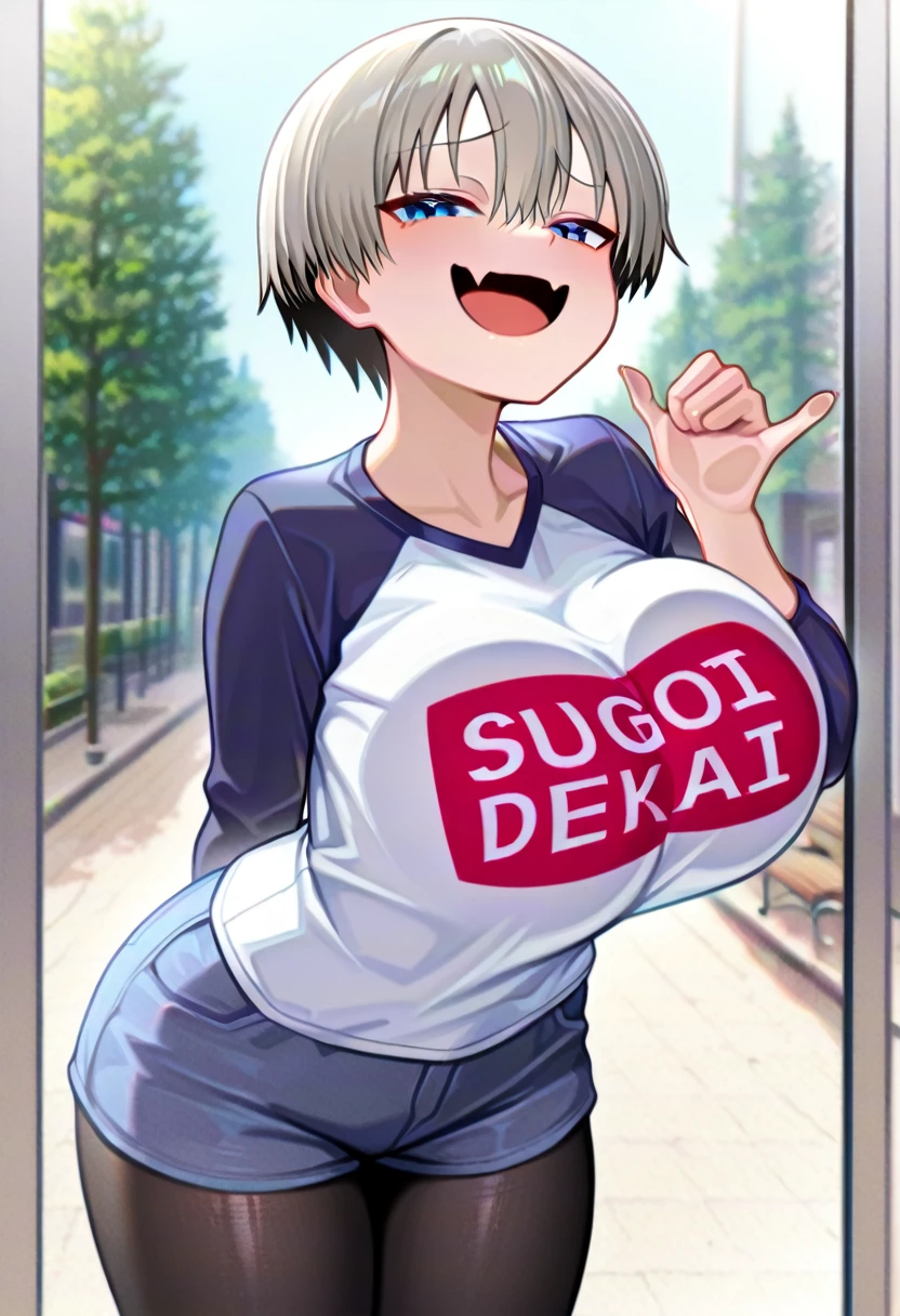 1girl, solo,
uzaki hana, 
(sugoi dekai:1.3), (clothes writing:1.3), 
short hair, grey hair, blue eyes, skin fang, bangs, white shirt, raglan sleeves, long sleeves, black pantyhose, black legwear, denim shorts,
large breasts, breast press, 
looking at viewer, (smug:1.4), open mouth, 
shaka sign, arm behind back, 
from outside, breasts on glass, leaning forward, 
tree, sky, street, bench, 
window, wall, 
colorful, shiny skin, 
masterpiece, best quality, amazing quality, very aesthetic, absurdres, newest, scenery, (volumetric lighting:1.1), depth of field <lora:Shaka_sign:1> <lora:Hana_Uzaki_illustrious-XL:1> <lora:breasts_on_glass_-_illustrious-XL_V1.0:1>