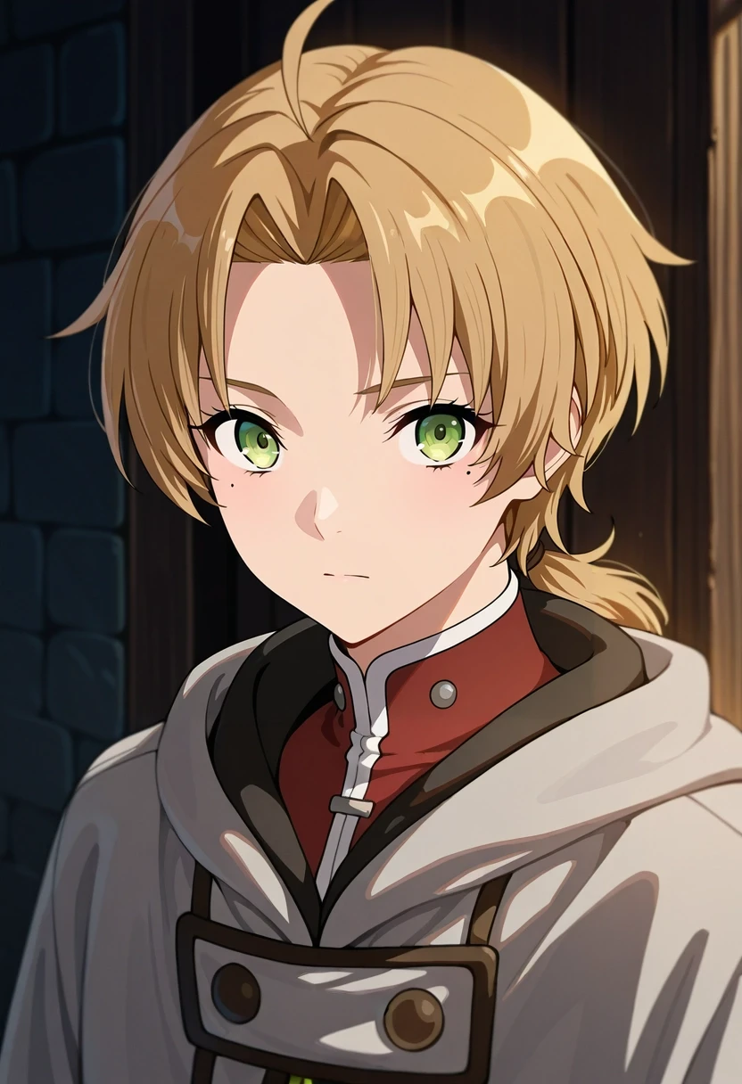 masterpiece, best quality, , , looking at viewer, 1boy, solo, male focus, <lora:rudeus_greyrat_ilxl:0.96>, rudeus_greyrat, blonde hair, green eyes, short hair, bangs, parted bangs, ahoge, mole under eye, low ponytail, ,