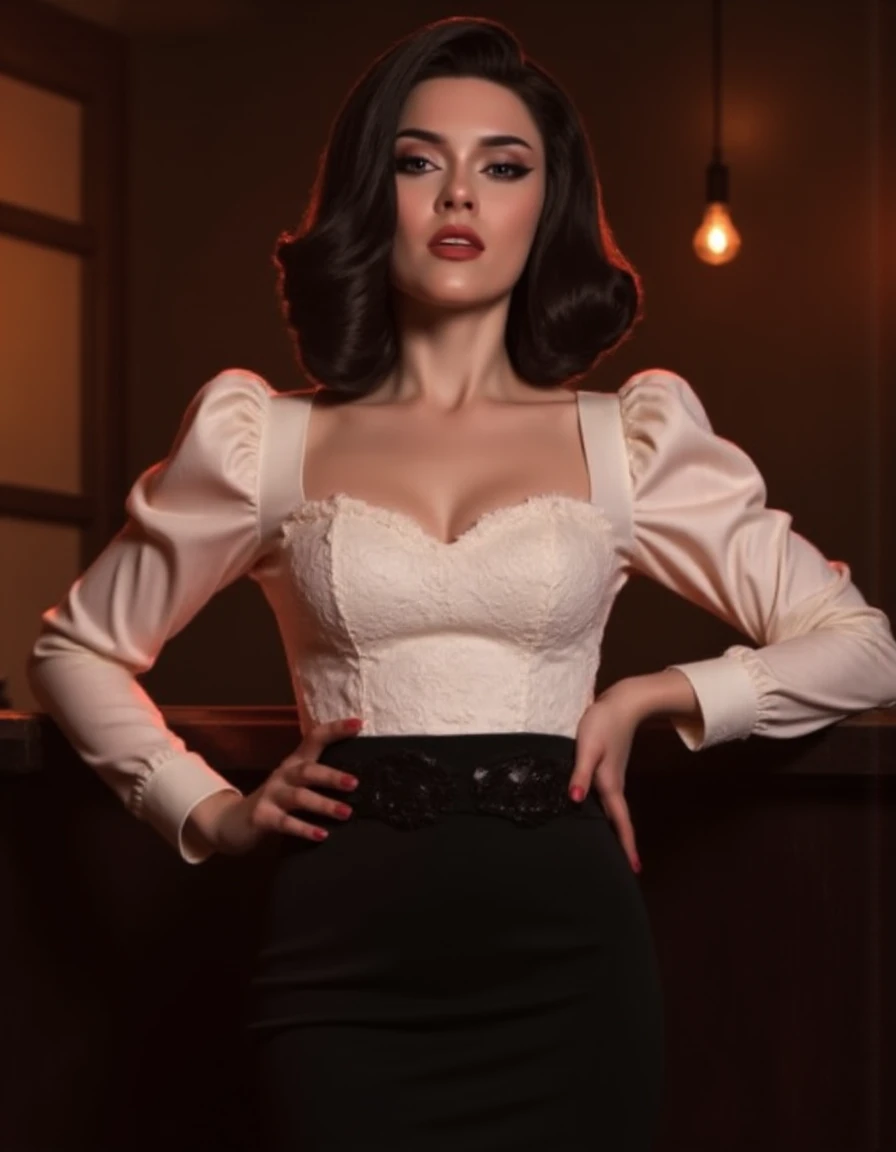 <lora:Ilona_Bugaeva_Sladkoslava-000018:1>, portrait of a busty woman wearing a white blouse and tight black skirt, in a bar, hands on hips, waist belt, 50s noir movie, slim waist