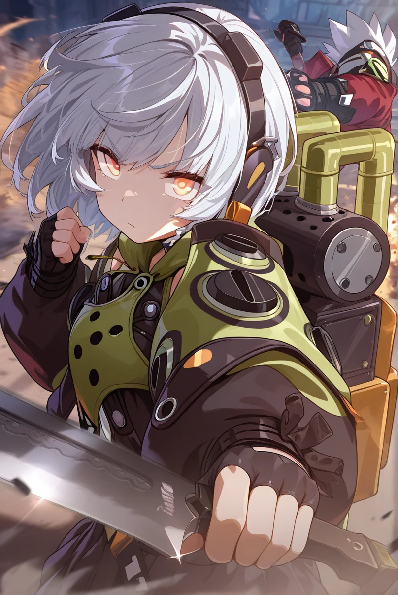 masterpiece,best quality,amazing quality,very aesthetic,absurdres,ultra detailed face,ultra detailed eyes,
<lora:AnbyDemara:1>, anbydemara, 1girl, solo, looking at viewer, short hair, backpack, jacket, gloves, upper body, white hair, black gloves, fingerless gloves, tore clothes, nipple, attacking, fighting, weapon, knife
<lora:xmc_v0.3_noobai_cwhj:0.8>,<lora:illustrious_best_quality_v1:0.8>