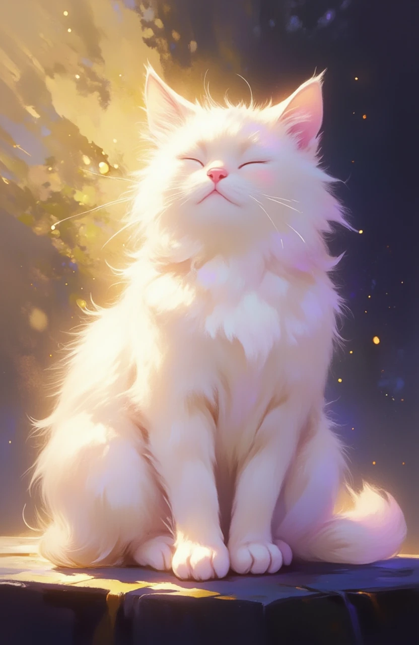 "A majestic cat peacefully meditating in a buddhist robe, surrounded by the vast universe. The artwork is dreamy and conceptually rich, with a touch of misty ambiance. It is rendered in the elegant style reminiscent of Greg Rutkowski, featuring highly detailed elements and subdued, dim colors that create soothing tones."