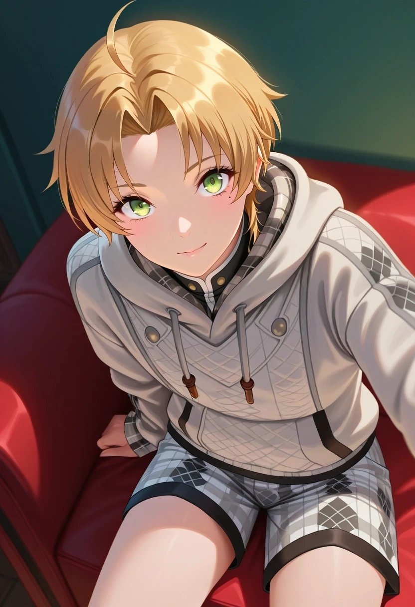masterpiece, best quality, , semi-realistic, looking at viewer, 1boy, solo, male focus, <lora:rudeus_greyrat_ilxl:0.9>, rudeus_greyrat, blonde hair, green eyes, short hair, bangs, parted bangs, ahoge, mole under eye, , , Silver Wool Argyle Bermuda shorts, Plaid Organza Plaid flannel hoodie, , ,