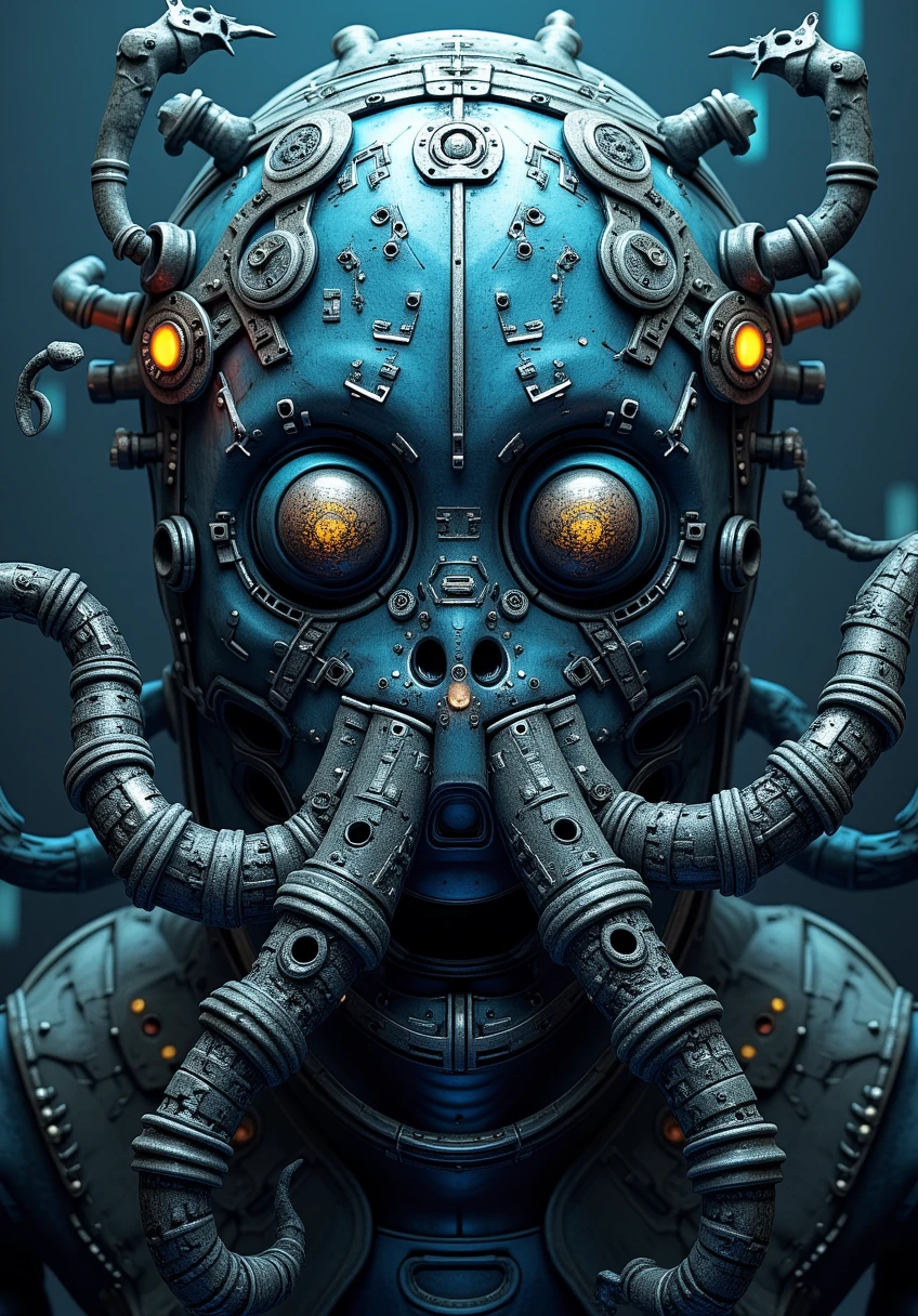 zenthros. This is a highly detailed CGI illustration of a fantastical, sci-fi scene. The image features a massive, intricate spaceship with an octopus-like creature attached to its exterior. The spaceship, composed of metallic structures and pipes, is covered in a network of glowing blue circuitry and mechanical components, giving it a high-tech, industrial appearance. The creature, which appears to be an alien cephalopod, has eight long, segmented tentacles covered in suckers and metallic, scaly skin.