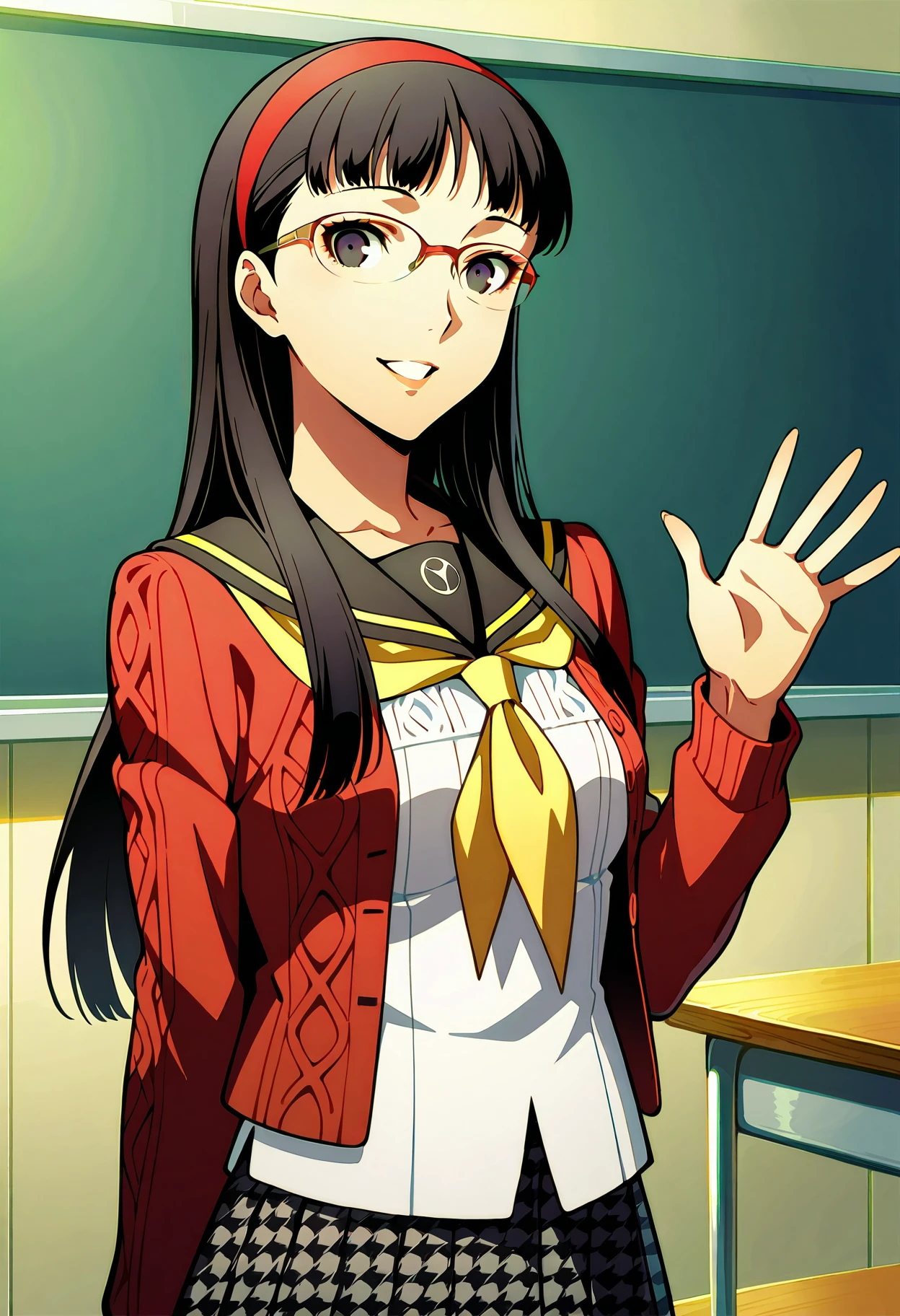 (masterwork, masterpiece, best quality, hyper-detailed :1.2),
1 girl, solo, cute face,
p4yukiko, amagi yukiko, long hair, black hair, bangs, hairband, glasses, red-framed eyewear
p4yukiko-sumuni, yasogami school uniform, school uniform, cardigan, red cardigan, open cardigan, cable knit cardigan, skirt, pleated skirt, houndstooth,
classroom, standing, looking at viewer, smile, teeth, waving