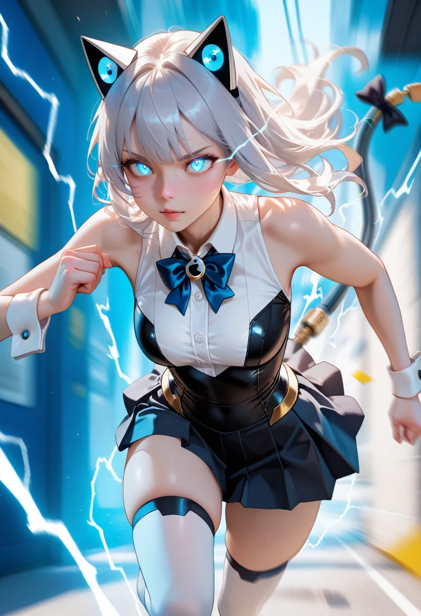 masterpiece, best quality, realistic,
1boy, solo,  
 <lora:superspeed running [IL]:0.7> superspeed, running, electricity, motion blur,  light trail, glowing eyes, eye trail
 <lora:IPhonechan_illusXLNoobAI_Incrs_v1:0.8> IPhonechan, AppleIcon, blue eyes, grey hair, medium breasts, cat tail, tail bow, tail ornament, mechanical tail || bowtie, white shirt, collared shirt, bare shoulders, sleeveless, black leotard, wrist cuffs, zettai ryouiki, pleated skirt, black skirt, thighs, white thighhighs