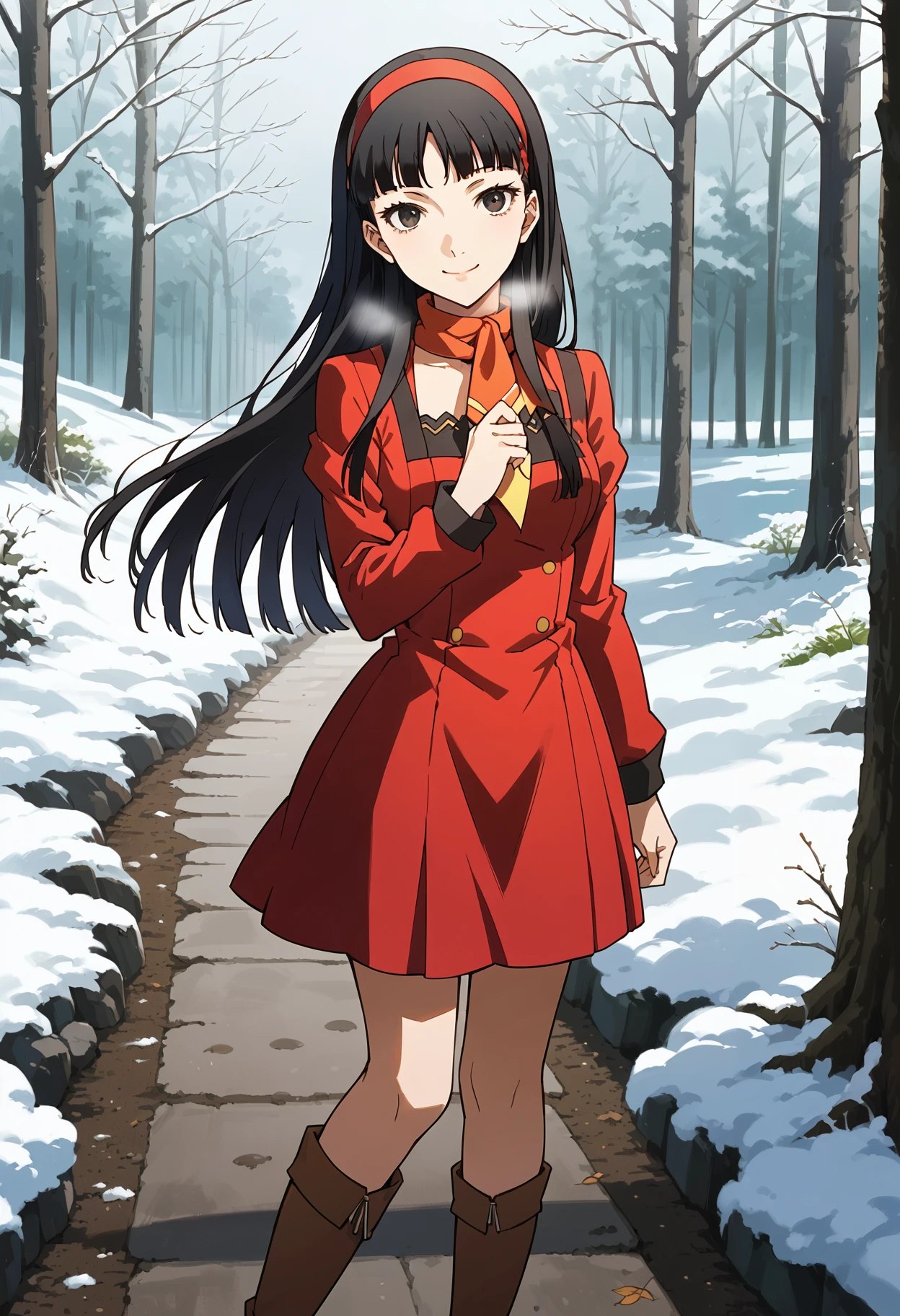 score_9, score_8_up, source_anime
1 girl, solo, cute face,
p4yukiko, amagi yukiko, long hair, black hair, bangs, hairband,
p4yukiko-wincas, dress, red dress, long sleeves, neckerchief, knee boots,
outdoors, park, trees, snow, foggy breath, snow, looking at viewer, smile,
masterpiece, best quality, ultra detailed,