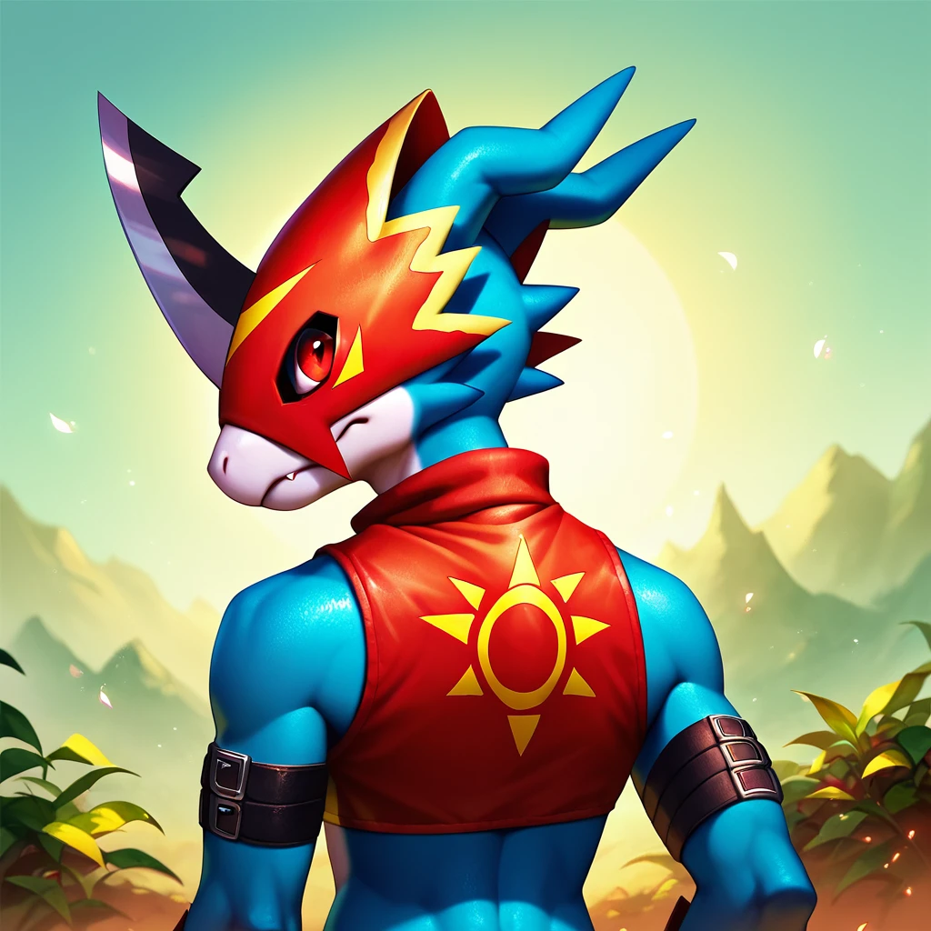 <lora:flamedramon_full:1> flamedramon, furry, blue skin, red eyes, mask, arm belt, crop top, score_6_up, score_7_up, score_8, score_9, solo, 1boy, detailed background, outdoors, upper body, from behind, looking back