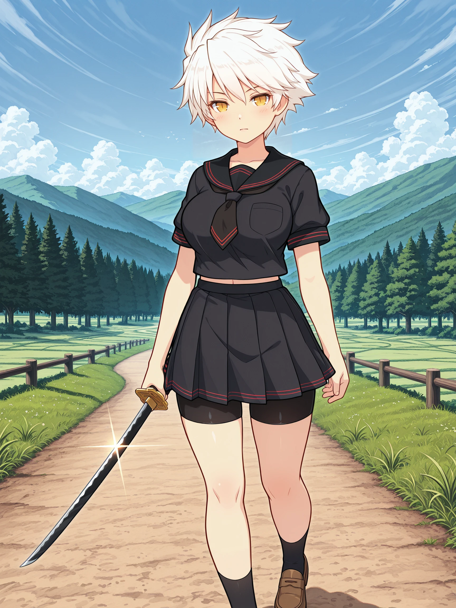 masterpiece, best quality, amazing quality, frostbite
(solo:1.4), Miyabi_IL, yellow eyes, slit pupils, short hair, white hair, large breasts, BREAK, Miyabi_hebijo, school uniform, red stripe piping, black sailor collar, black tie, black serafuku, black shirt, short sleeves,black skirt, pleated skirt, bike shorts, black legwear, brown loafers
outdoors, country road, grass, trees, holding katana, katana
<lora:SK_Miyabi_IL:1>
<lora:frostbitev2_Illu_dwnsty:0.7>