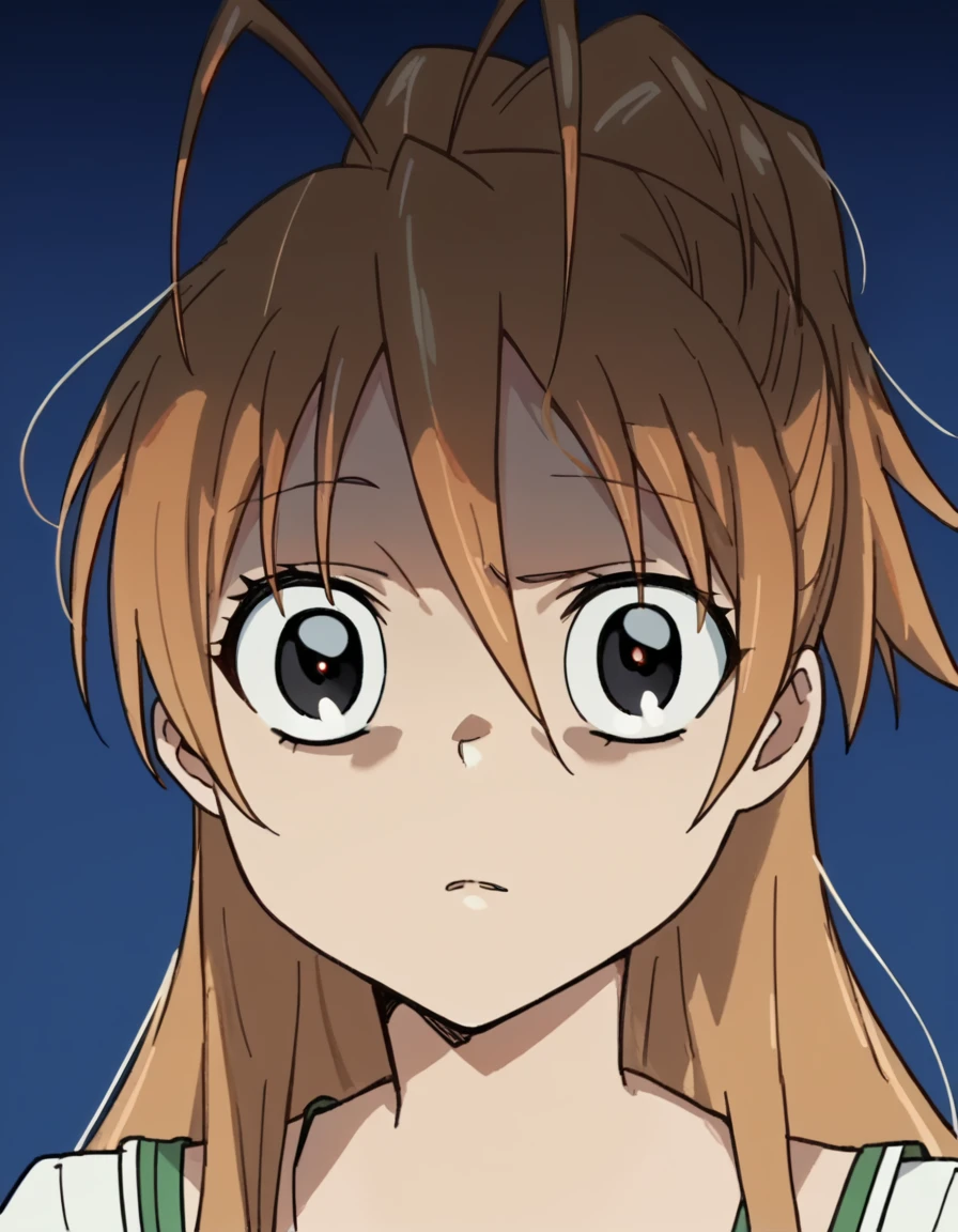 score_9, score_8_up, score_7_up, source_anime, <lora:rei-miyamoto-ponyxl-lora-nochekaiser:1>, rei miyamoto, long hair, brown hair, antenna hair, ponytail, large breasts, anime screencap, <lora:terrified-noot-noot-ponyxl-lora-nochekaiser:1>, terrified noot noot, looking at viewer, blue background, gradient background, black eyes, gradient, straight-on,, ,