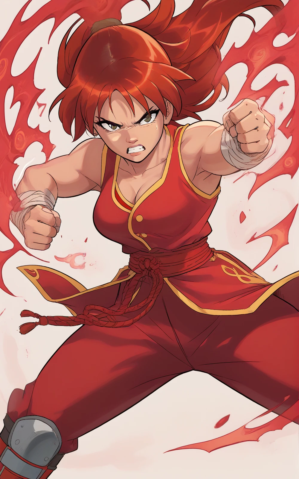 (masterpiece), score_9, score_8_up, score_7_up, anime <lora:Red_Battler_Harem_Heroes:1> Red Battler, Long red hair, brown eyes, fighting pose, <lora:Dynamic_Character_Model_Sheet:1> female focus, dynamic character design, fighter, angry, red aura, red energy surrounding the body