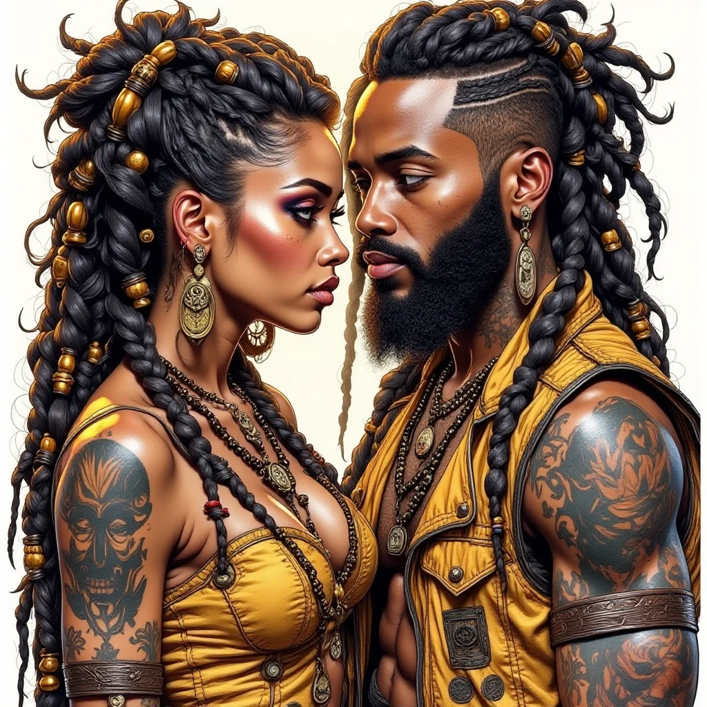 Babel-pencil,A striking portrait of an African-American couple, she with flowing dreadlocks adorned with golden beads, he with a meticulously groomed beard. Intricate tribal tattoos cascade down their arms. Hyper-realistic skin texture captures every pore in warm evening light.