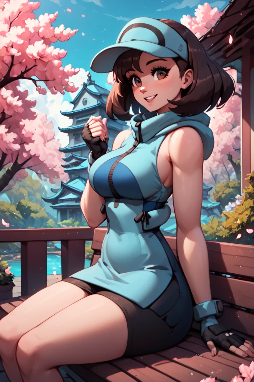 score_9, score_8_up, score_8, medium breasts, (curvy), cute, eyelashes, , zzAceSM, brown eyes, brown hair, medium hair, visor cap, fingerless gloves, sleeveless, hat, black gloves, bike shorts, blue headwear, , <lora:AceTrainerPokemonSM_PDXL:1.0>, BREAK, sitting on bench, side view, smile, looking at viewer, cowboy shot, ,,, BREAK, pnkBldng, sky, day, cloud, tree, blue sky, building, architecture, east asian architecture, ,,, BREAK, embedding:zPDXL, Expressiveh, ,,, <lora:PinkBuildingsPDXL_v2:0.6>, <lora:SDXLFaeTastic2400:0.5>, <lora:Expressive_H-000001:0.4>