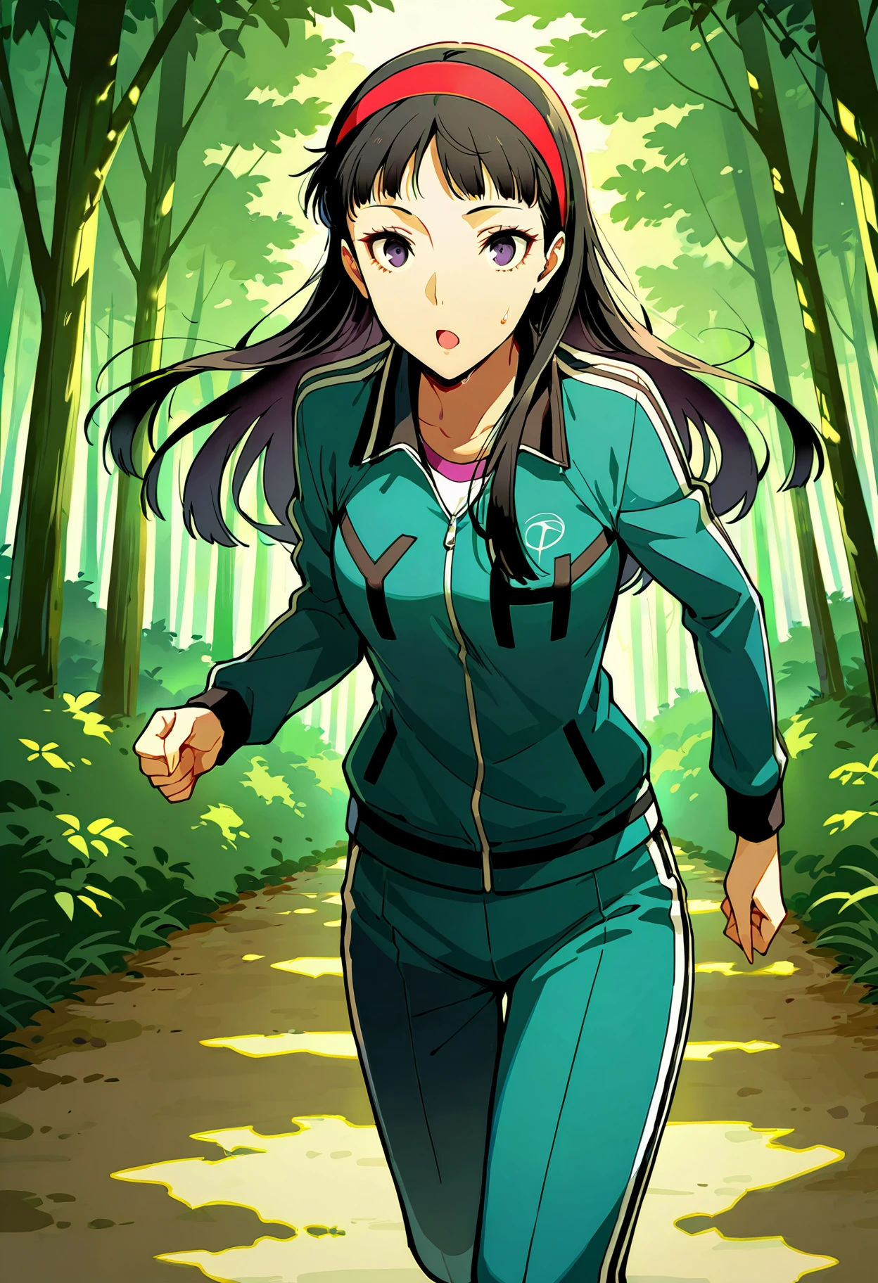 (masterwork, masterpiece, best quality, hyper-detailed :1.2),
1 girl, solo, cute face,
p4yukiko, amagi yukiko, long hair, black hair, bangs, headband,
p4yukiko-track, track suit, teal track suit, track jacket, teal track jacket, stripes, striped sleeves, track pants, yh,
outdoors, forest, trees, running, sweat,