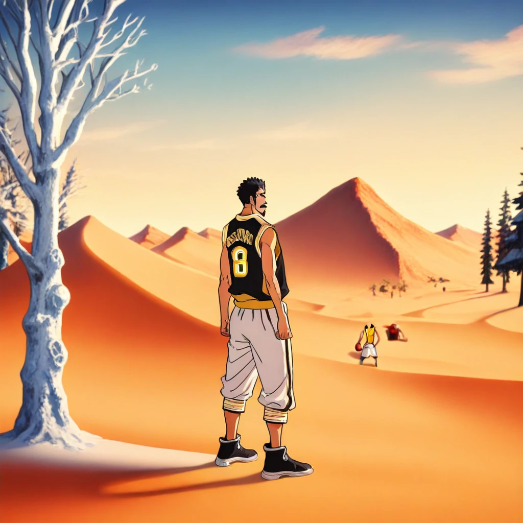 black footwear, mountain, black shirt, close-up, jacket, standing, basketball, desert, cloud, white pants, solo, yellow shirt, outdoors, 1boy, snow, mustache, shorts, sidepec, beard, sideburns, 2boys, tree