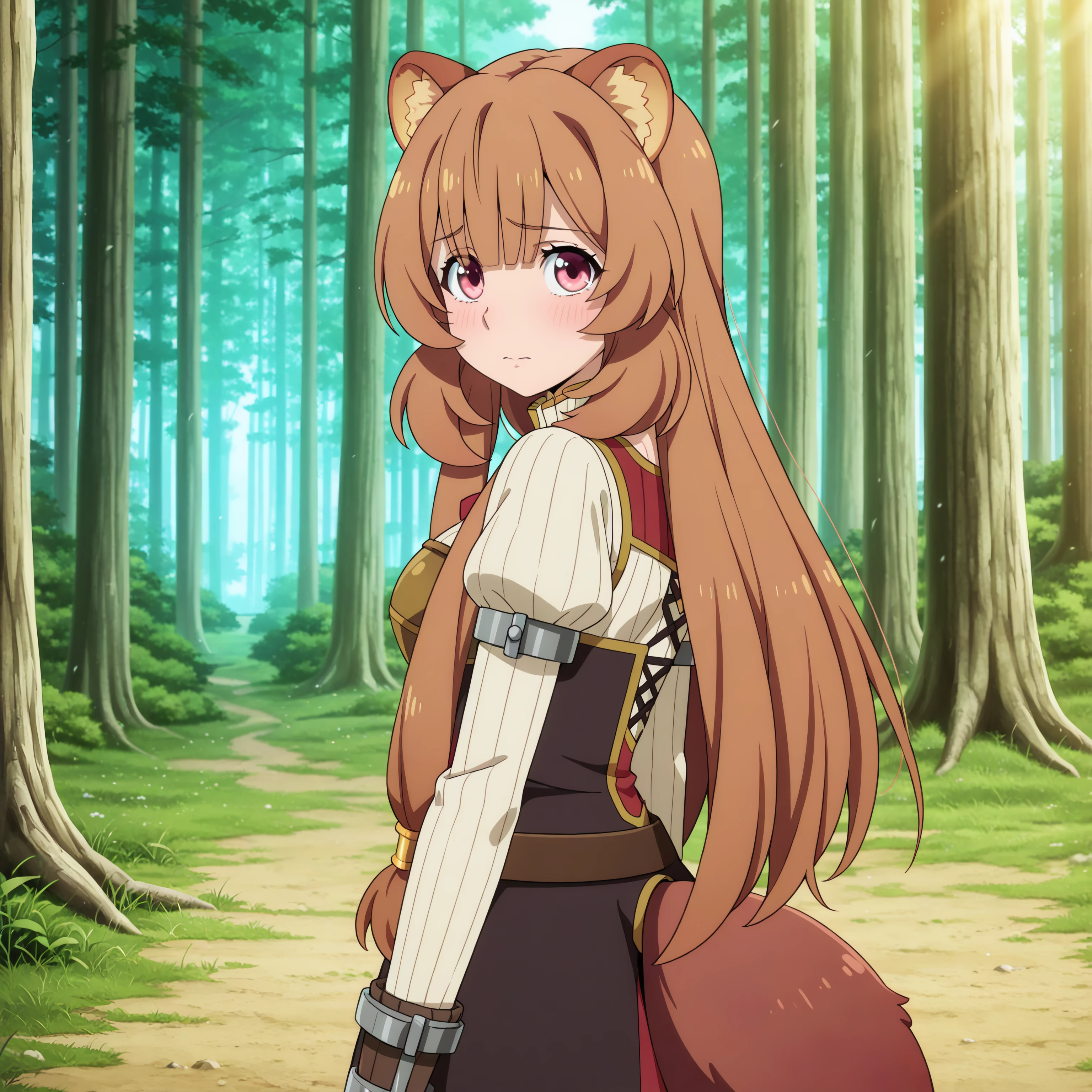 masterpiece, best quality, very aesthetic, absurdres, 
1girl, solo, holo, /(spice and wolf/), wolf girl, deep crimson eyes, detailed brown hair, long hair, animal ears, wolf ears, wolf tail, 
purple shirt, black fabric jacket and skirt, red fabric belt, woven fabric belt, boots, The Promise of the Wise Wolf, medieval clothes, 
annoyed,
from side,
The background features a charming barn, fields of golden wheat, and a clear blue sky, medieval town outside, highly detailed background,
aesthetic, chromatic aberration, extremely detailed, beautiful color, Natural colors, browns, beiges, greens, sharp focus, <lora:holo-spaceandwolfXLV1:0.5>,