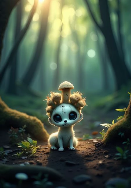 Zenthros. A small, mystical creature stands in a quiet, enchanted forest. Its body is soft and covered in gentle, glowing patterns that shimmer in the dim light. The creature’s large, expressive eyes glisten with wonder, and delicate, bioluminescent fungi sprout from its head, casting a soft, warm light around it. The atmosphere is peaceful and magical, with sunlight filtering through the trees, creating a dreamy, ethereal glow. The creature’s form is a blend of adorable and otherworldly, as it quietly explores its forest home, surrounded by nature’s delicate, glowing beauty.