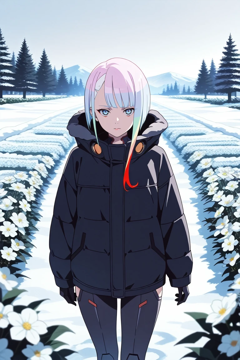 masterpiece, best quality, absurdres,
<lora:ILERLucy:0.8>
ERLucy, 1girl, multicolored hair, asymmetrical hair, cyborg, looking at viewer, in winter,seasonal flower,seasonal background,flower background, posing
