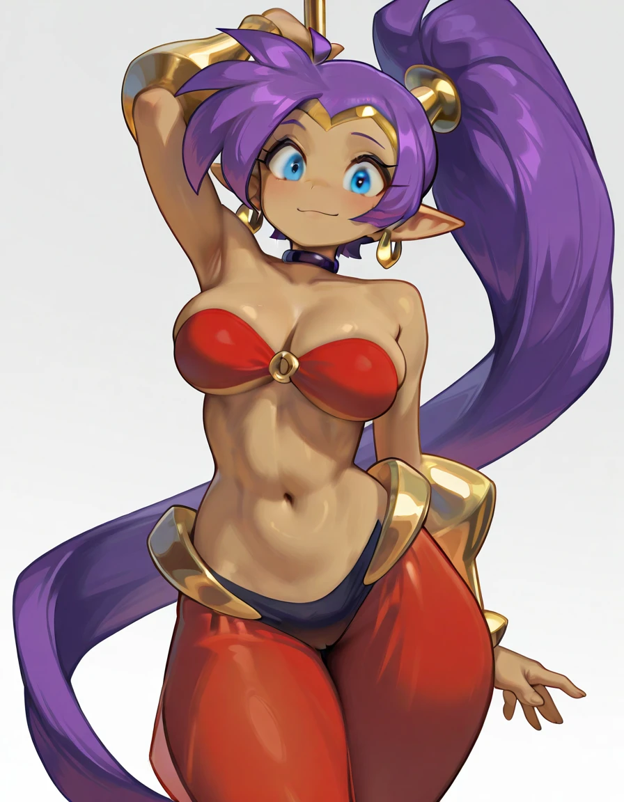 shantae, pointy ears, jewelry, earrings, dark skin, purple  hair, blue eyes, long hair, dark-skinned female, navel, hoop earrings, very long hair, big hair, choker, nude, thigh high stockings, purple stockings, high heels, purple heels, sex, lesbian sex, precise hands, precise legs, open legs, ponytail, tiara,  midriff, bracer,score_9, score_8_up, score_7_up,score_6_up, score_5_up, score_4_up, BREAK hah_dd, gigantic_breasts, curvy, wide_hips, thick_thighs,  1girl,  dim_lighting, backlighting, ,young, girl, poledancing