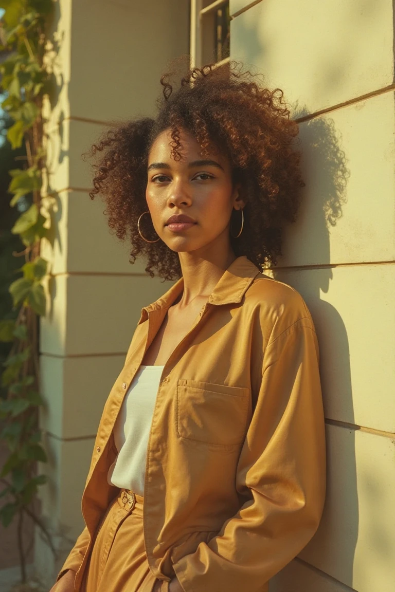 "A perfectly lit, highly detailed 35mm analog film photograph, shot on vintage Kodachrome film stock. A curly haired woman stands confidently in a close-up frame, her face softly illuminated by the golden light of the late afternoon sun. She is dressed in a modern outfit: a top paired with a shirt and a shorts, contemporary look.
The backdrop features a minimalist urban setting—a clean, textured concrete wall with ivy cascading down one side, offering a subtle pop of greenery. The sunlight casts warm highlights on her hair, styled in loose, effortless waves, and adds a radiant glow to her skin. The depth of field is shallow, blurring the urban surroundings into a creamy bokeh, emphasizing her serene expression and modern elegance. The Kodachrome film’s signature rich tones bring out the warm neutrals of her outfit and the golden hues of the lighting, creating a timeless yet distinctly modern aesthetic."