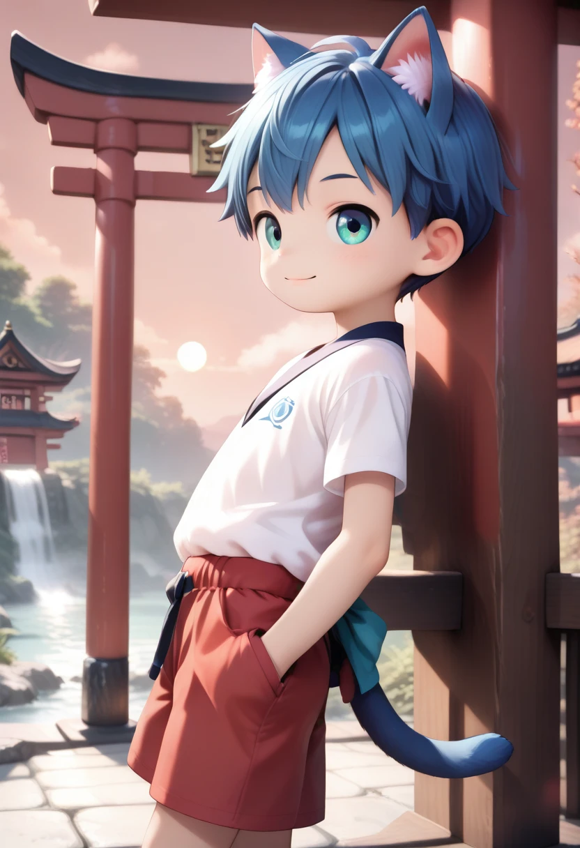 <lora:cutifiedanimecharacterdesign_variant_type_G_IL_v10:1>
1boy, type-g, cat boy, blue hair, happy pose, loved face expression, outdoor, shrine, waterfall, shirt, shorts, sunset, red sky, from side, leaning back against wall, tail,